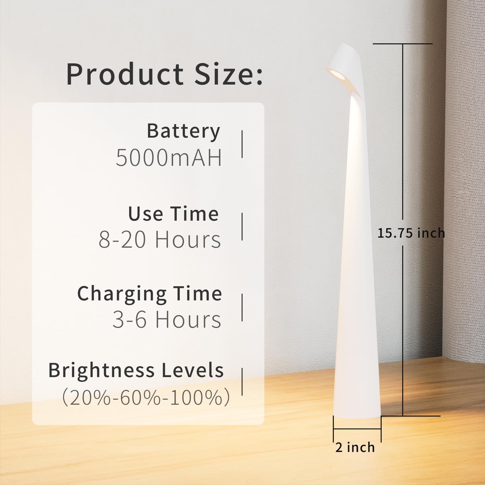 HAPYGI Portable Cordless LED Desk Lamp - Rechargeable Wireless Table Lamp with 3-Level Brightness, White Ambient Light for Home & Patio