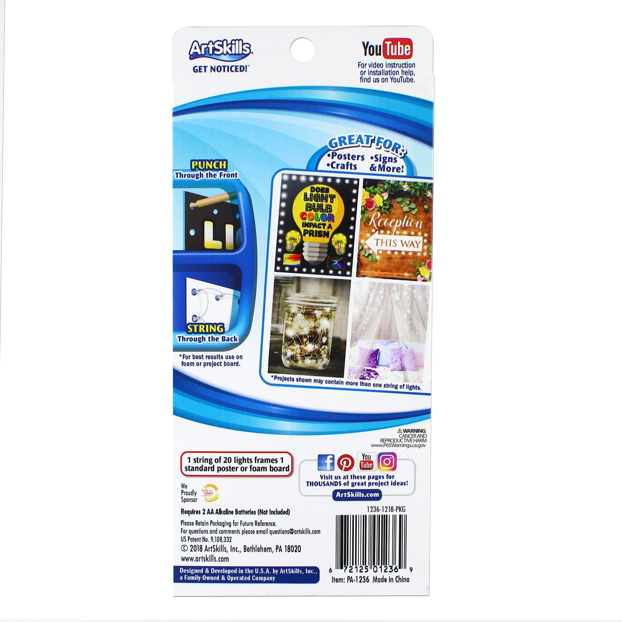 ArtSkills White Poster Lights - Battery-Operated String Light Kit, 20 Lights, 10ft Length, Ideal for Sign Making & Science Fair Boards