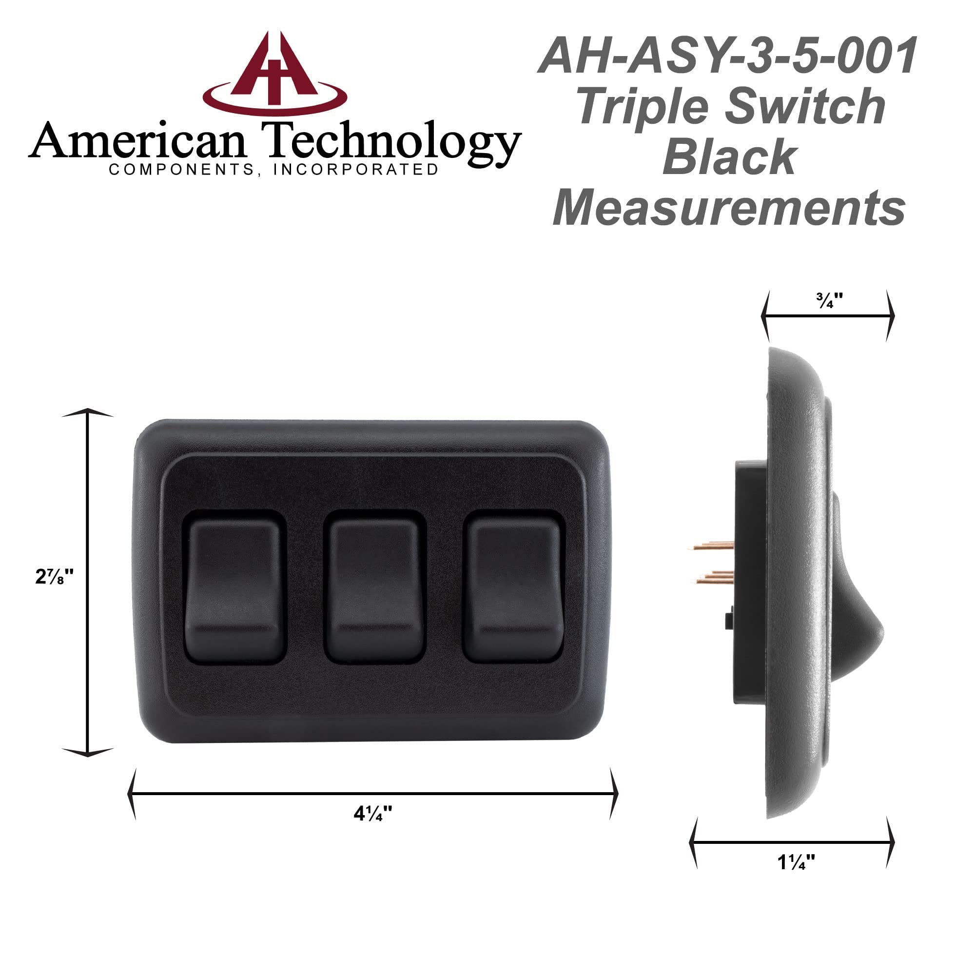 American Technology Components Triple Spst On-Off Switch With Bezel, 12-Volt, For Rv, Trailer, Camper (Black)