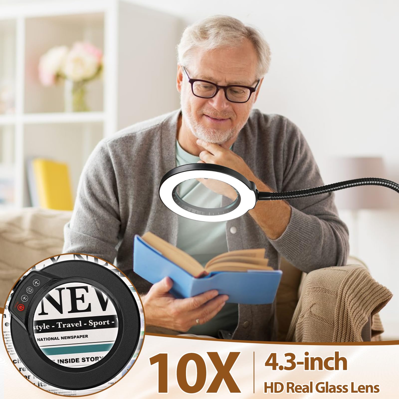 Krstlv 10X Magnifying Glass with Light and Stand - 24 Flexible Gooseneck LED Magnifier for Close Work, Hobby, and Reading, Black