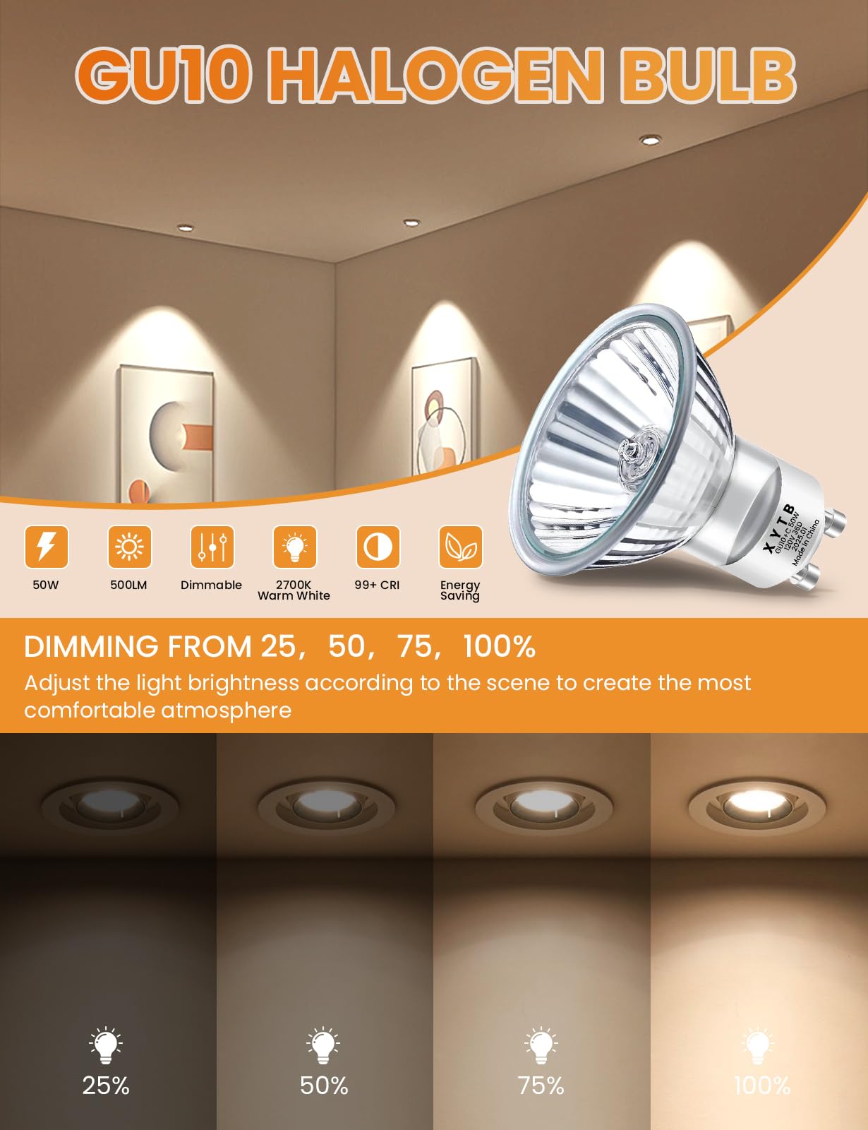 Yohonk Gu10 Halogen Bulb, 120V 50W Halogen Light Bulbs With Glass Cover For Candle Warmer, Mr16 Gu10+C 2700K Warm White Dimmable