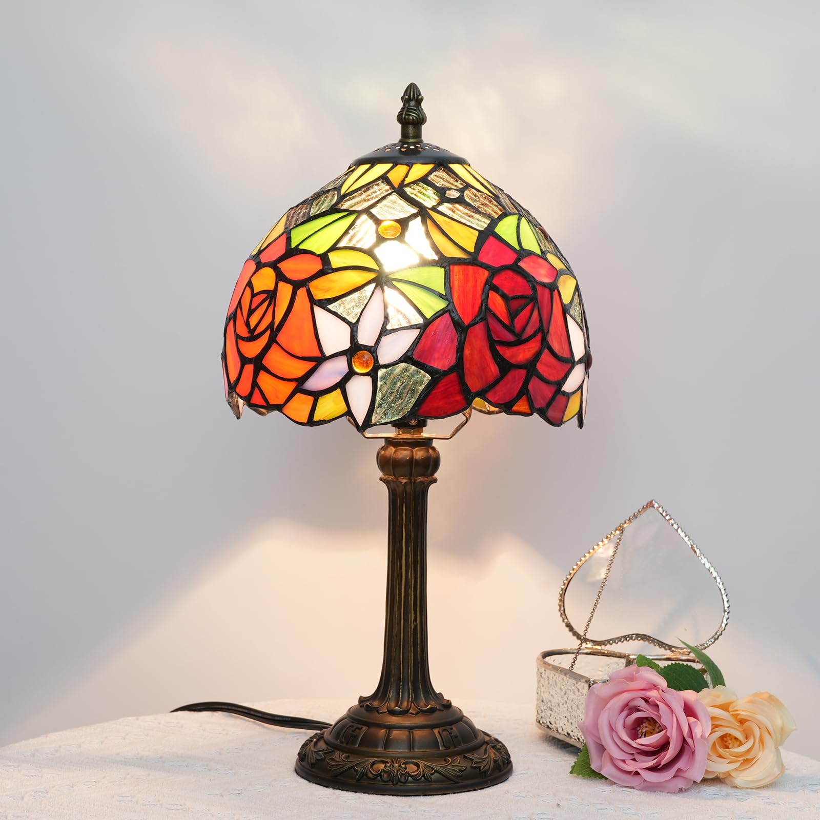 TIFLRIS Tiffany Style Stained Glass Table lamp 8inch red Orange Rose Pattern Desk lamp Vintage Bedside Table lamp Used for Bedro