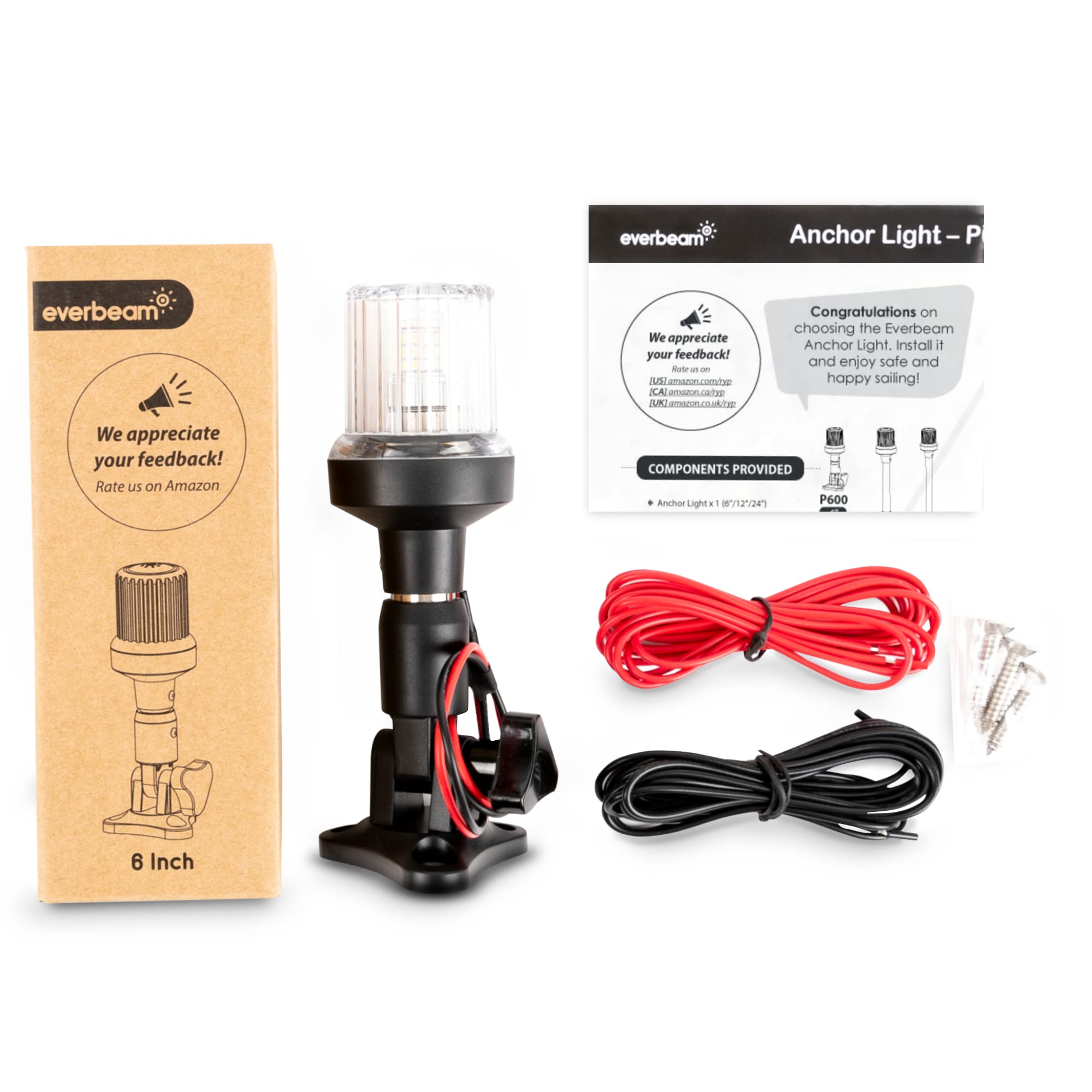 Everbeam P600 Adjustable Stainless Steel Anchor Light - 360° Visibility for 3 Nautical Miles - Weatherproof - Clear