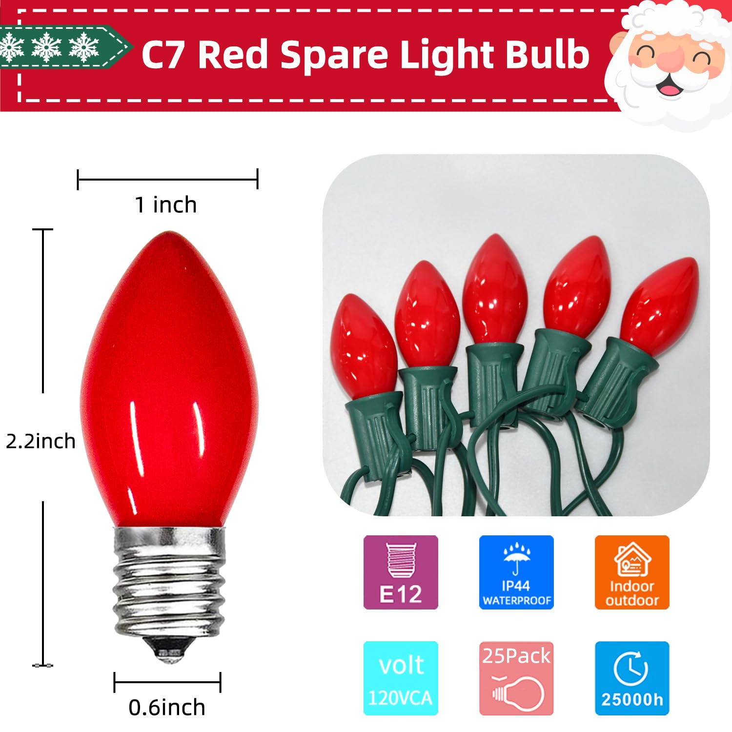 Pasuto Waterproof Ul Certified Red Replacement Bulbs Christmas Tree Light Bulbs For Indoor And Outdoor Decoration With 25 Pack  C7/E12 Base  5 Watt