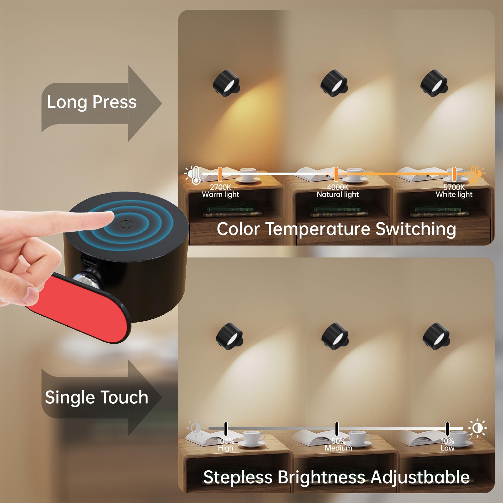 Koopala Rechargeable LED Wall Sconce - Cordless, Remote, 3 Brightness Levels, 360° Swivel Shade, Black, Model KP-DS126PRO-2PCS-WG