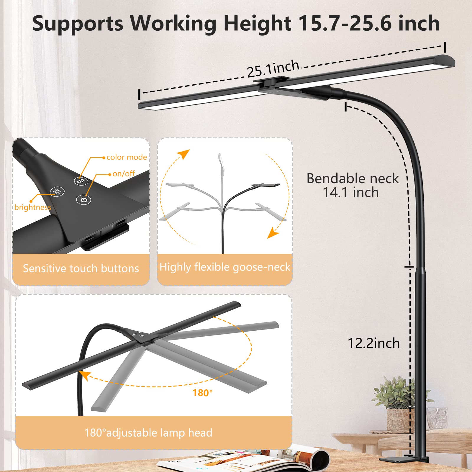 EppieBasic LED Desk Lamp, Double Head Architect Light, 1200LM, Eye Protection, Black, Aluminum