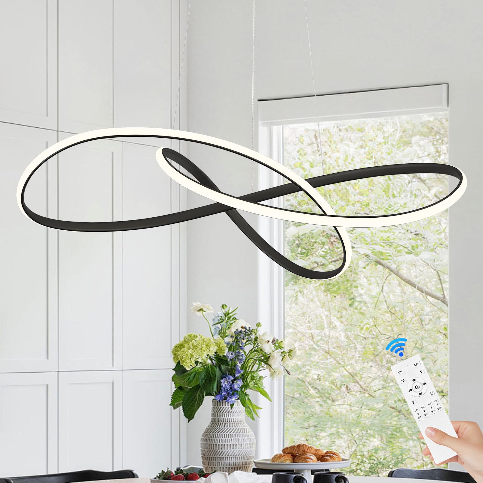 Sparklelf D31.5in Modern LED Chandelier Black Ring Chandelier High Ceiling Contemporary with Dimmable Remote Control, LED Pendan