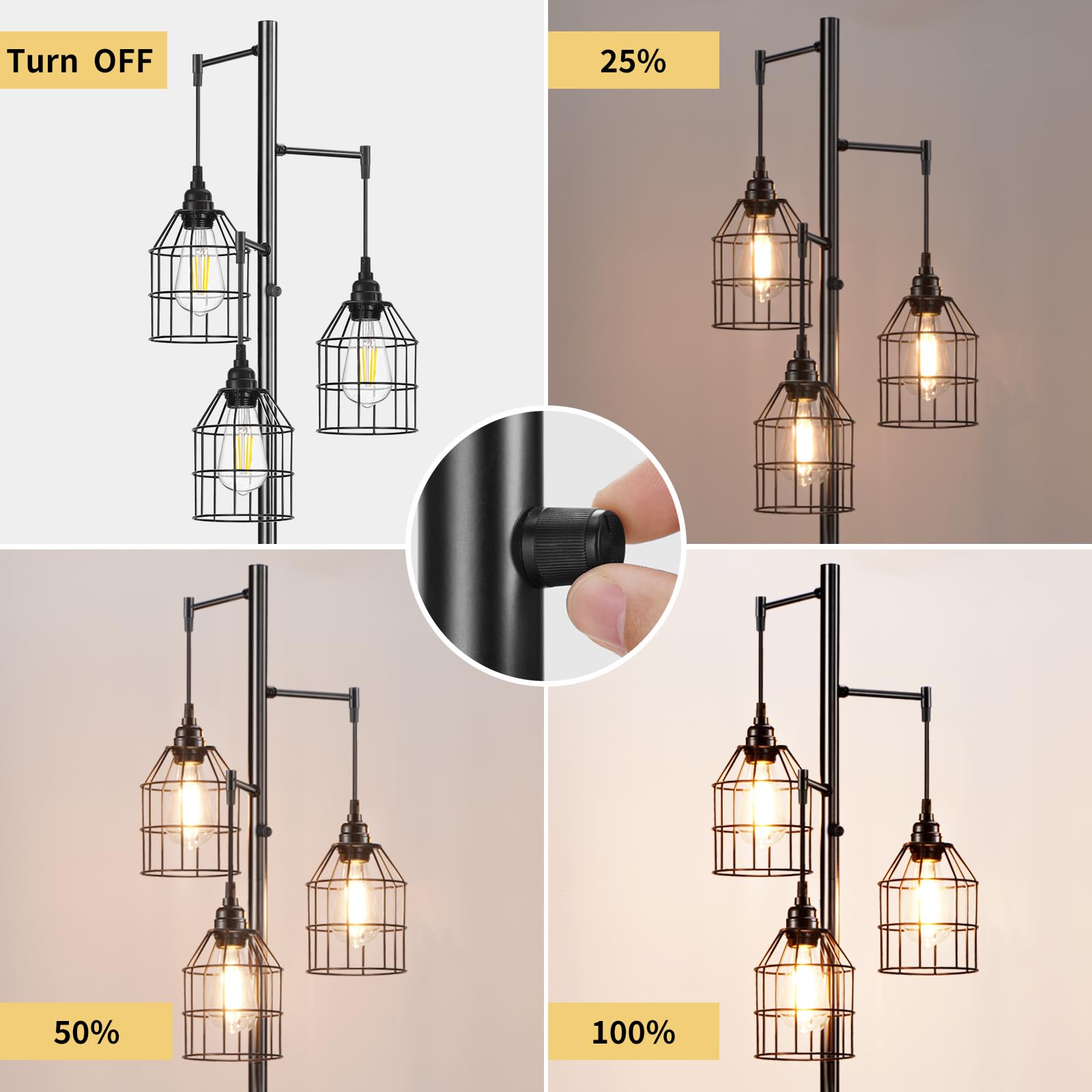 Sucolite 70'' Dimmable Floor Lamp For Living Room, Industrial 3-Light Tree Floor Lamp Black With Cages, Farmhouse Rustic Tall St