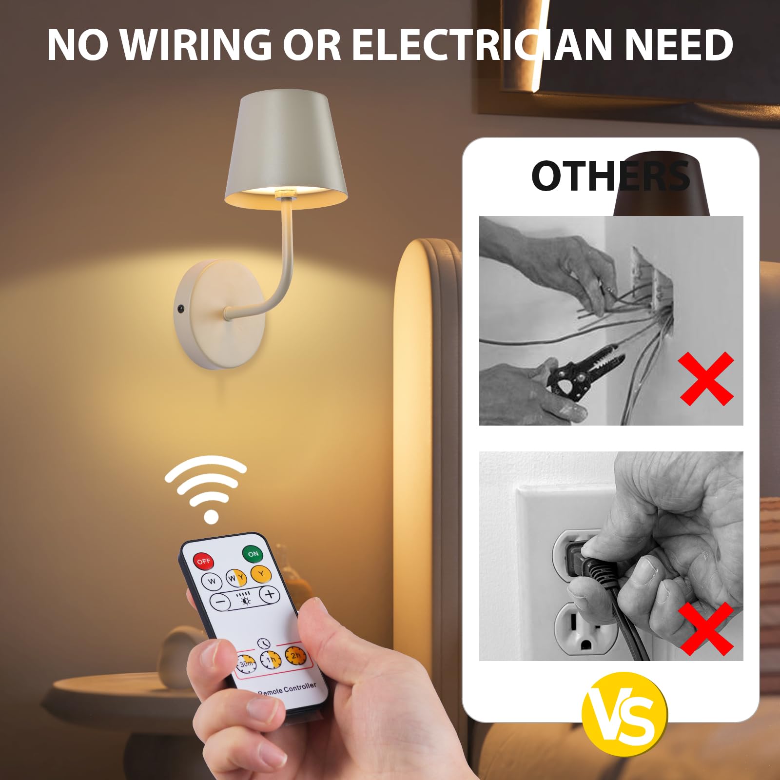 IMQSQIK LED Wall Lamp Set of 2, Rechargeable 5600mAh, Touch Control, Metal, Apricot, Model RQ-14-2Pack