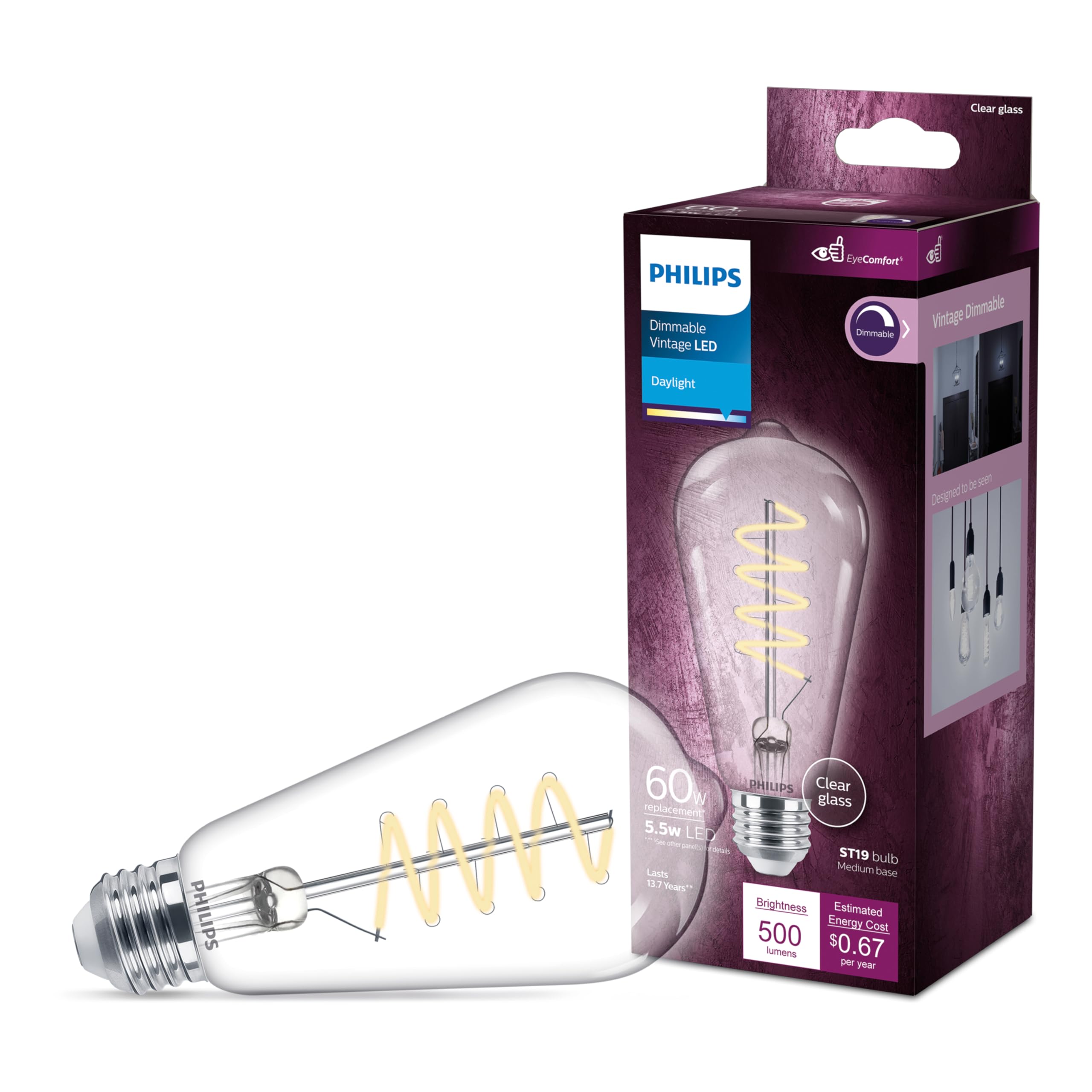 Philips Led Vintage Flicker-Free Clear Spiral St19 Dimmable, Eyecomfort Technology, 500 Lumen, Daylight(5000K), 5.5W=60W, Title 