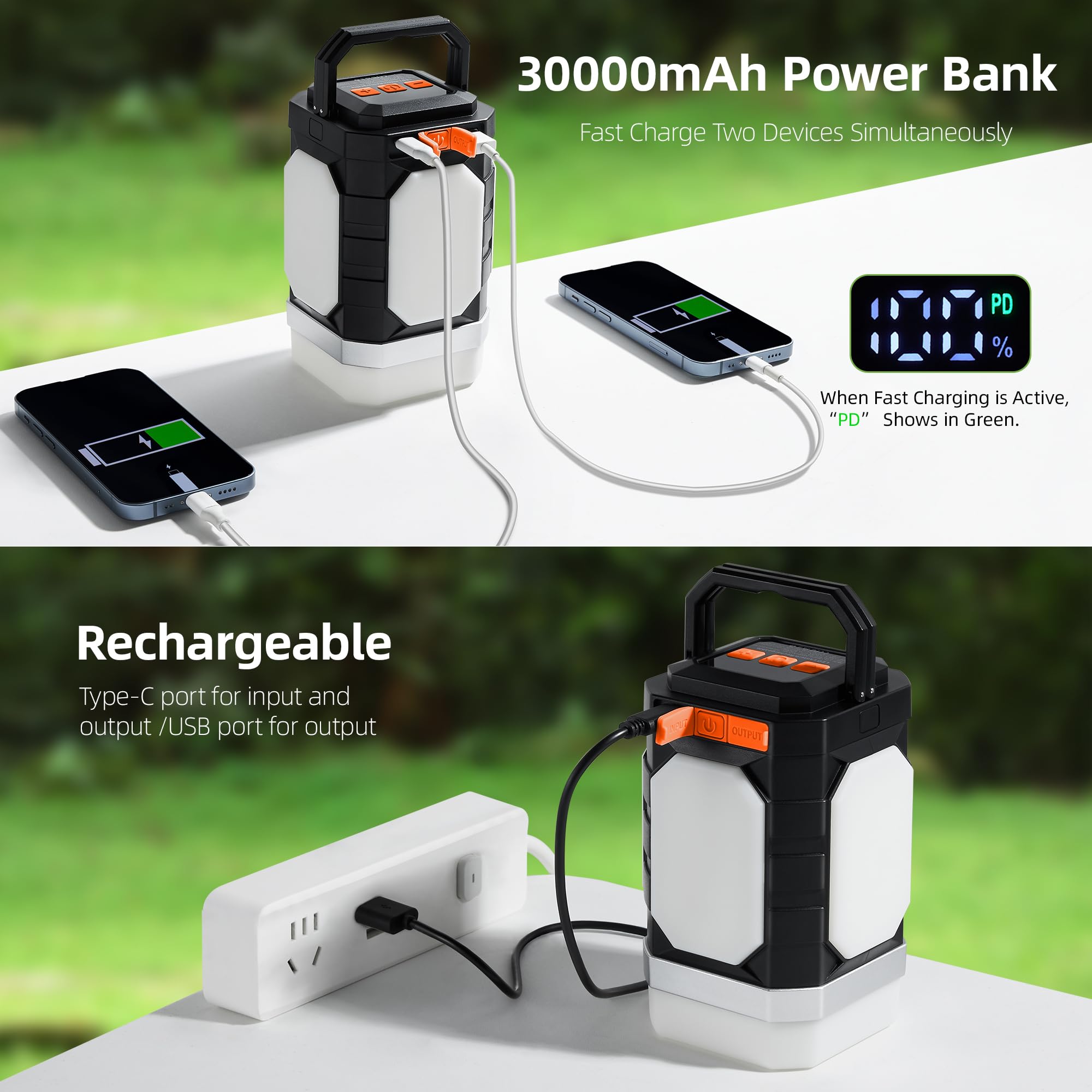 Sinvitron Camping Lantern Rechargeable 30,000mAh 1000 Lumens IPX5 Waterproof 1 Pack Black&Org Model C29
