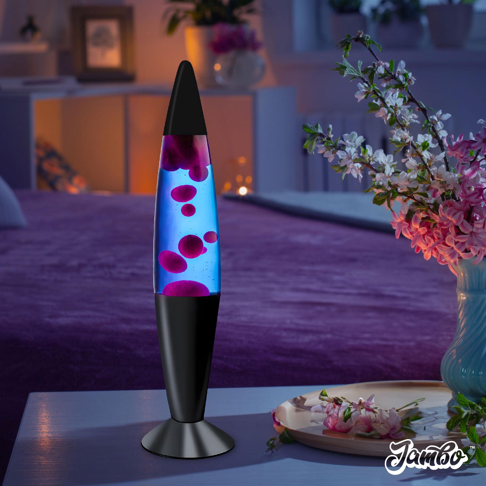 JAMBO 16in Liquid Lamp, Blue with Purple Wax, Aluminum Base, Model 58000, Night Light for Living Room, Office, Bedroom