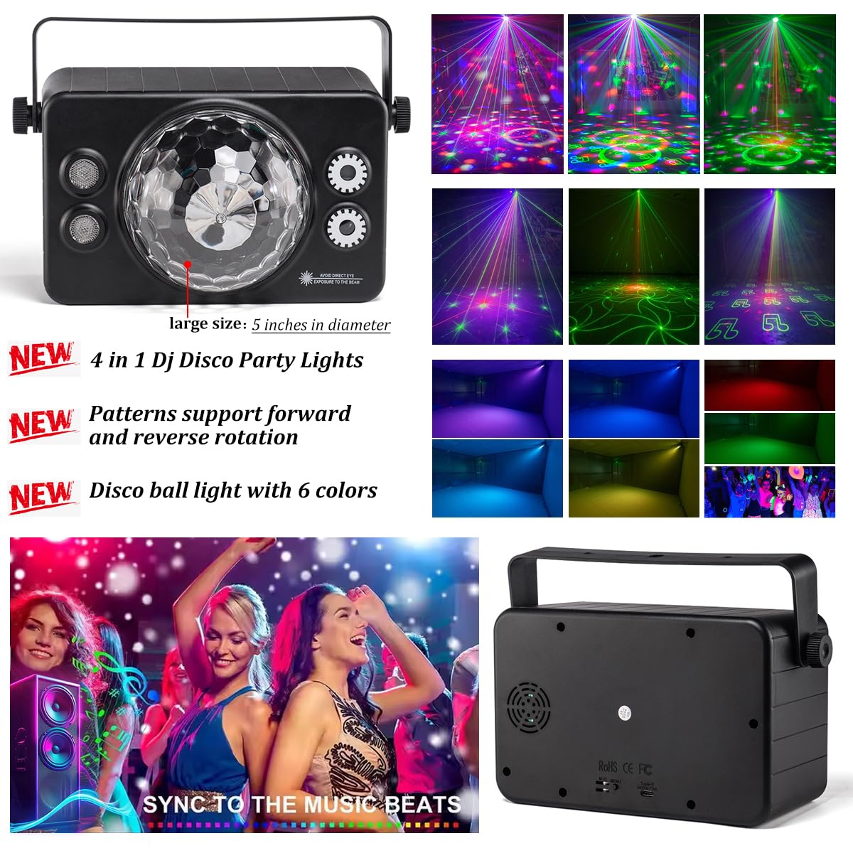 Laucnpty 4 In 1 Party Lights Dj Disco Ball Light With Sound Activated And 6 Lighting Colors, Led Stage Strobe Lamp For Home Indo