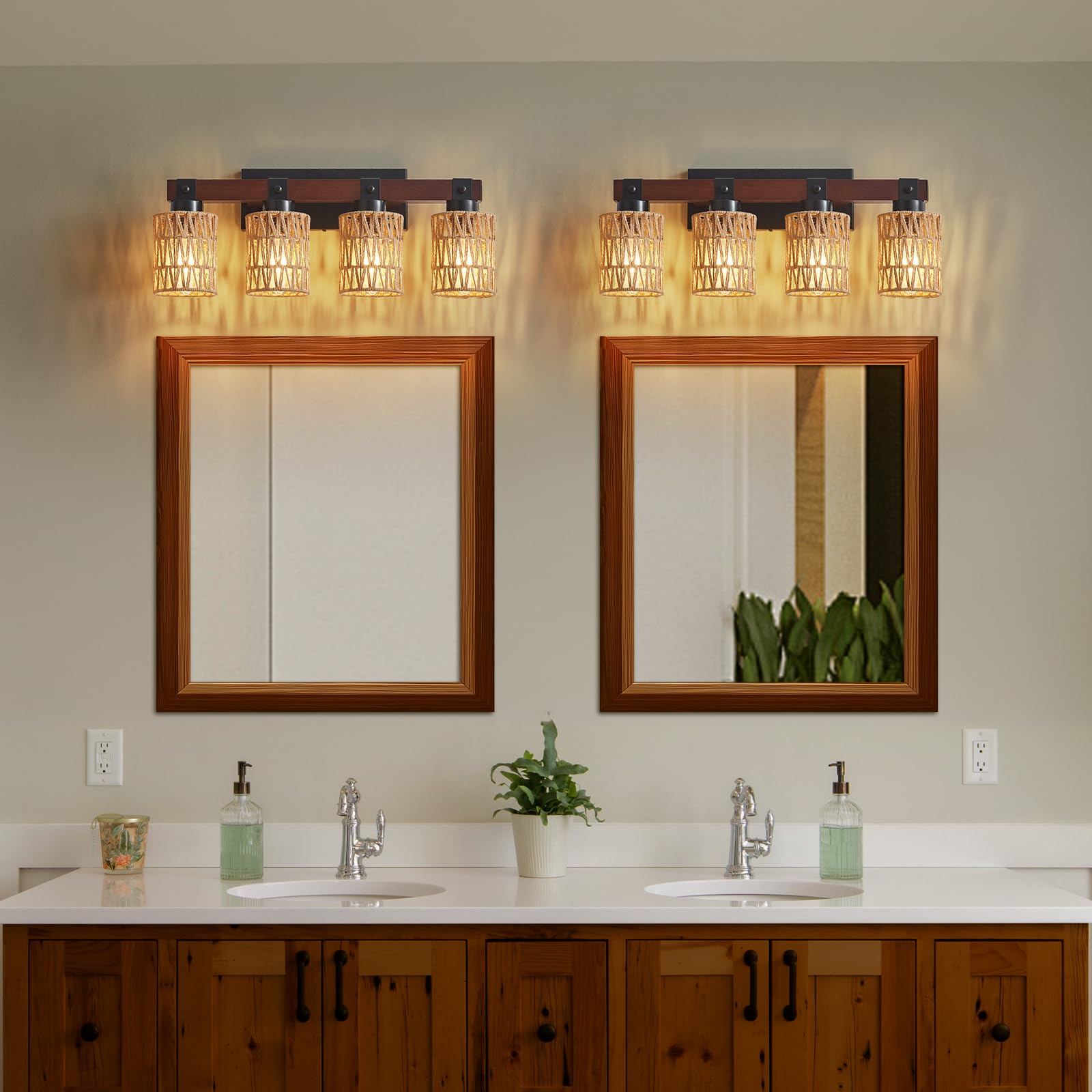 Aixialin 4-Light Rustic Wood Bathroom Vanity Light Fixture, Handmade Bamboo Woven Shade, Brown, Model 600-100-1095