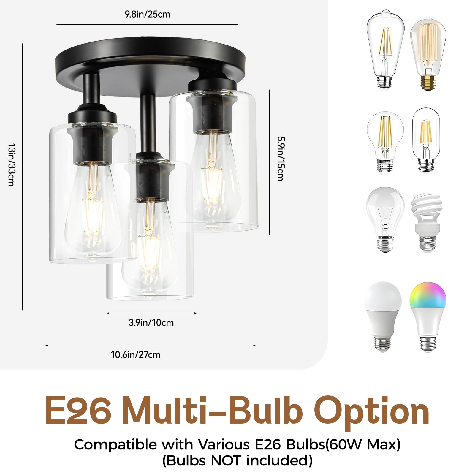 Mayful Semi Flush Mount Ceiling Light, 3-Light Black Metal Fixture, Clear Glass Shade, Model CL-50246-3X, Ideal for Kitchen & Hallway