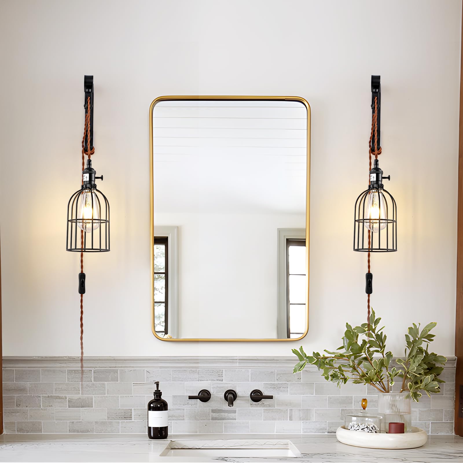 SEEBLEN Wall Sconces, Industrial Metal Lamp, Black, Plug-in with 6.5ft Cord, Height Adjustable, Style D-2, Set of 2