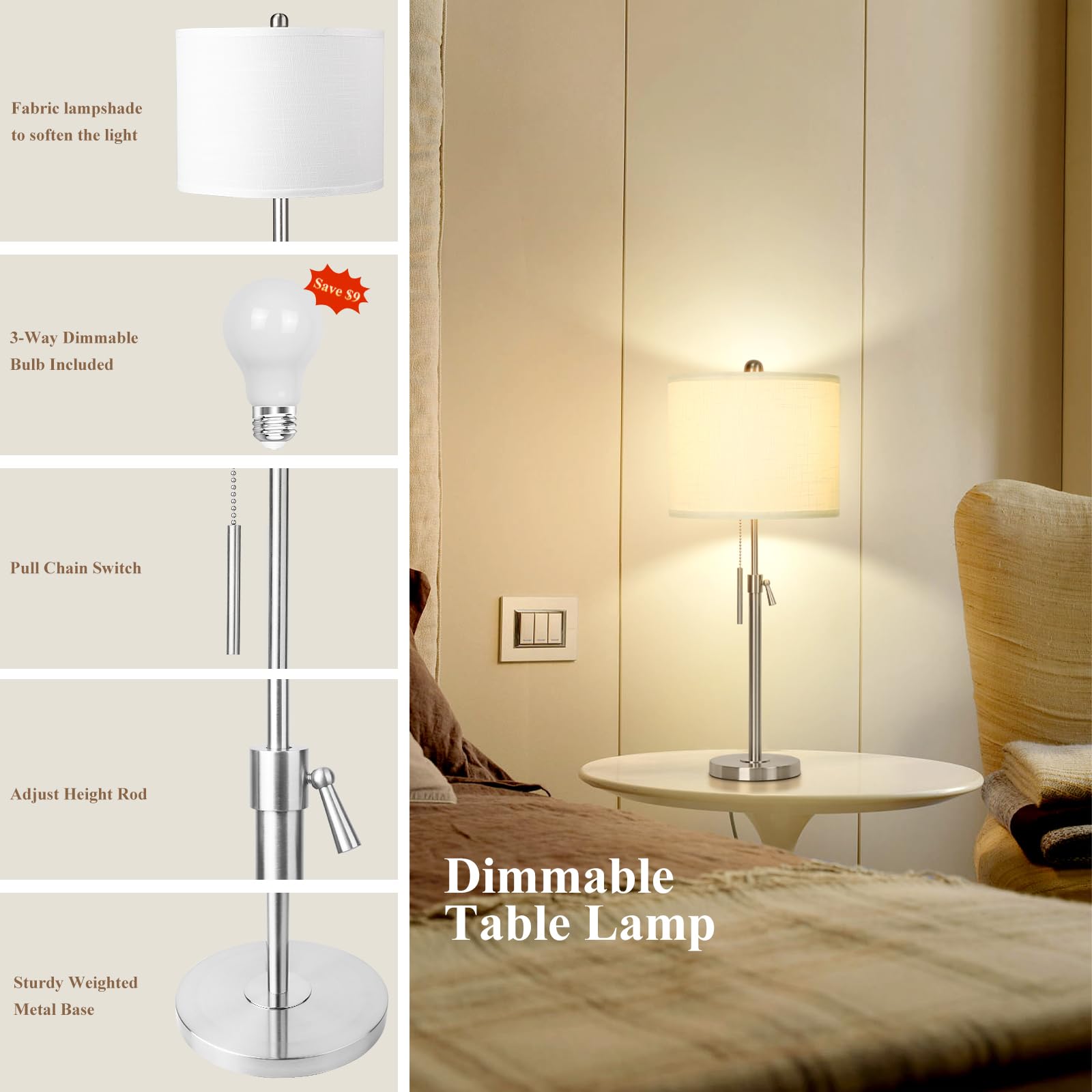 Qingmiao Brushed Nickel Table Lamps Set Of 2, 22-30&quot; Height Adjustable With Linen Shade