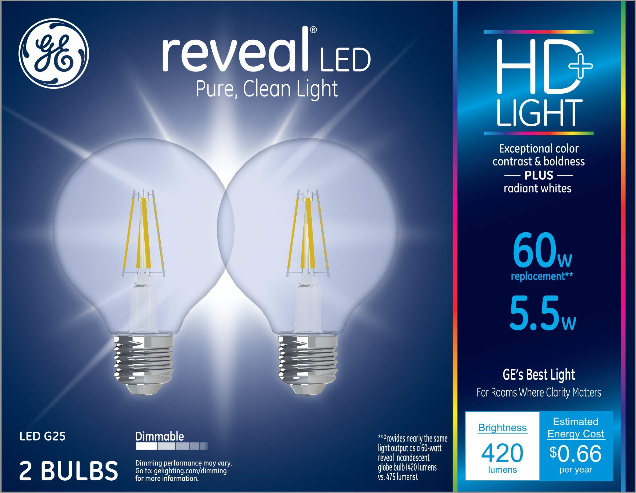 Ge Reveal Led Light Bulbs, 60 Watt, G25 Globe Bulbs, Medium Base (2 Pack)