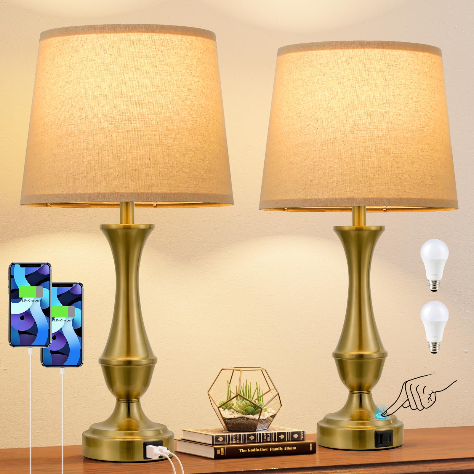 Seealle Touch Lamps Set of 2 - 3 Way Dimmable, USB C+A, Metal, Brown Shade & Gold Base, Model 040710