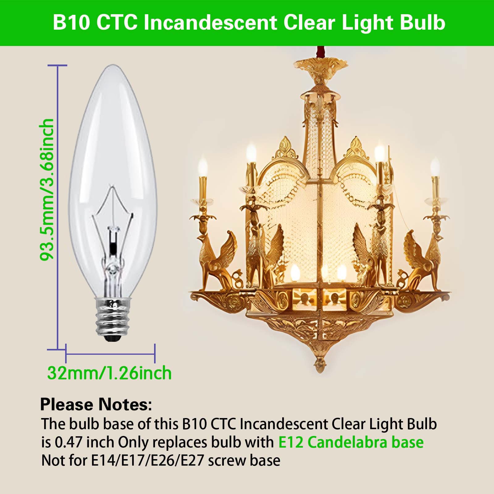 E12 Candle Light Bulbs,60W Candelabra, B10 Clearbase Bulb With Warm White 2700K, 600 Lumen Dimmable, Ca10 Clear Candelabra Base