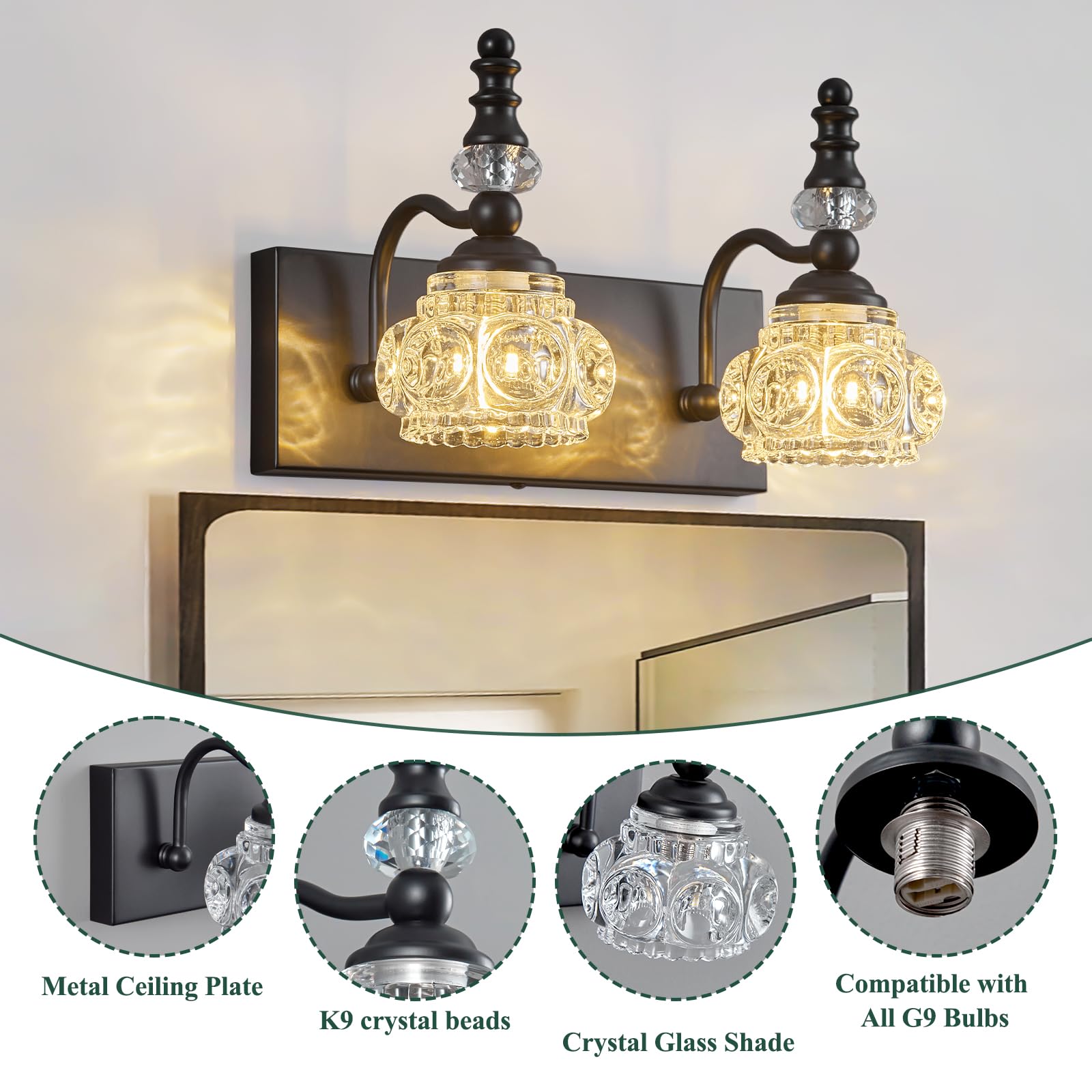 Lbsqj Modern Glass Crystal Bathroom Vanity Light Indoor Wall Lamp Black Vintage Wall Sconces 2-Lights Vanity Lighting Wall Mounted Sconce Wall Lighting