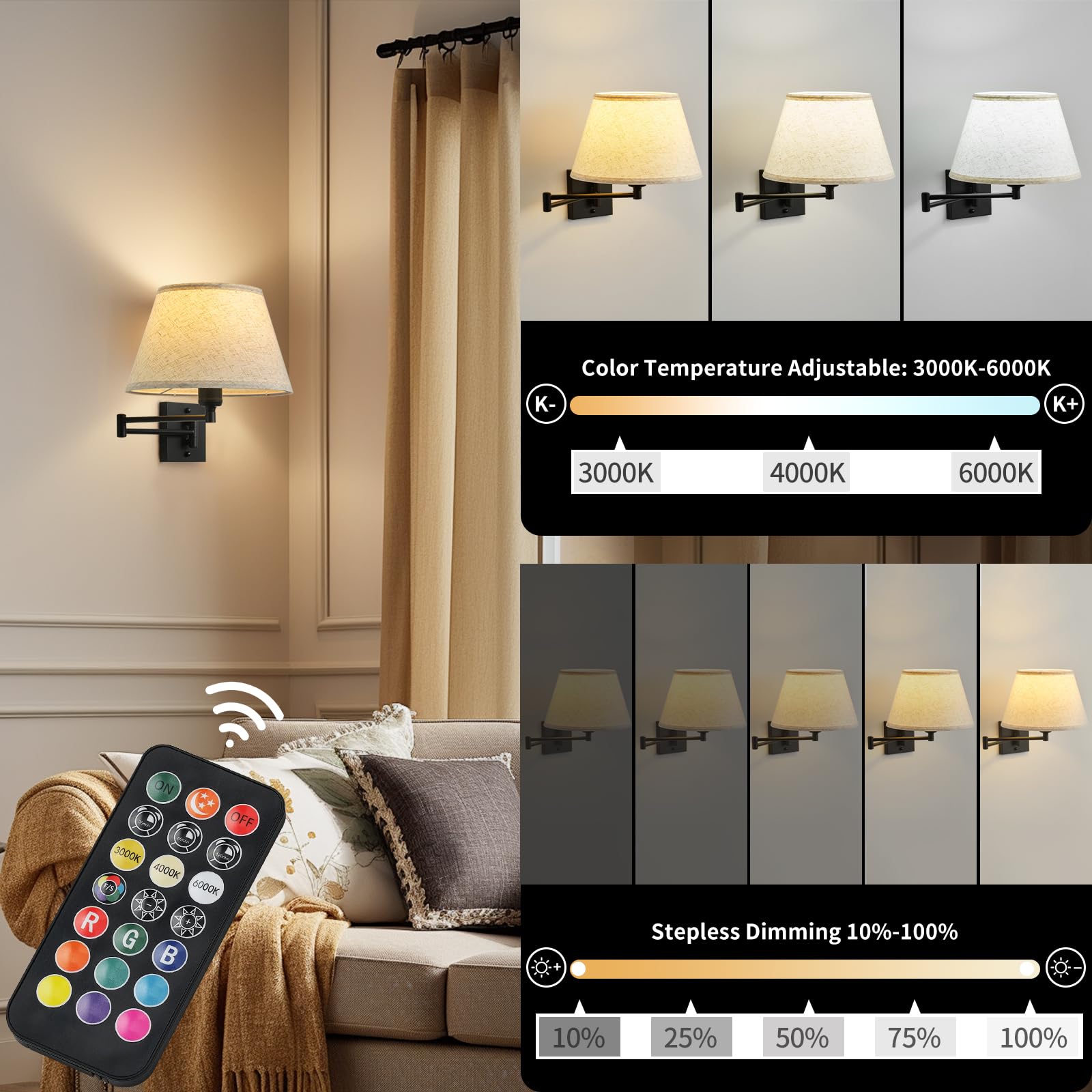 KARTOOSH Battery Operated Wall Sconces Set of Two, Remote Control, Dimmable, Rechargeable, Black, Big, Model ZM212B