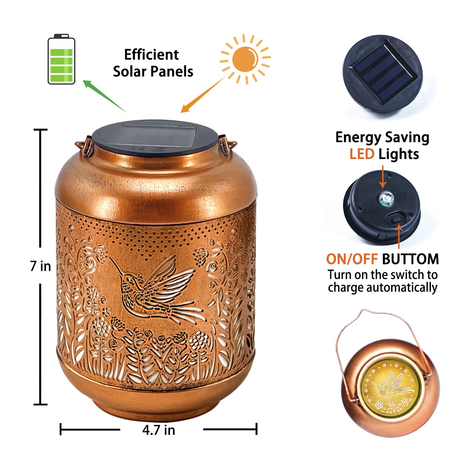TIGGSY Hummingbird Solar Lantern - Outdoor Waterproof LED Light, Bronze, Model SL-001 for Garden, Yard, Patio Decor