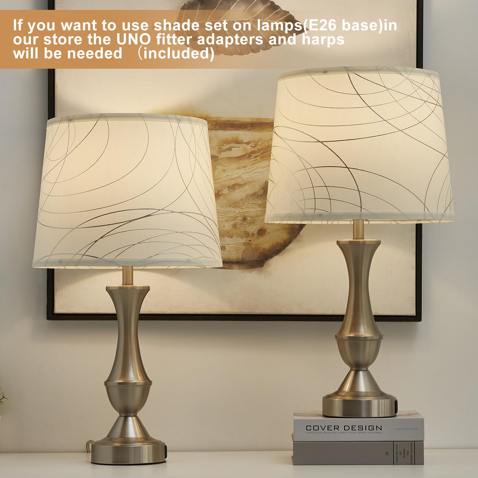 White Lampshades Set Of 2 For Table Floor Lamp, Lampshades With With Line Design, 12.7'' Top X 12.7'' Bottom X 10'' High, Natura