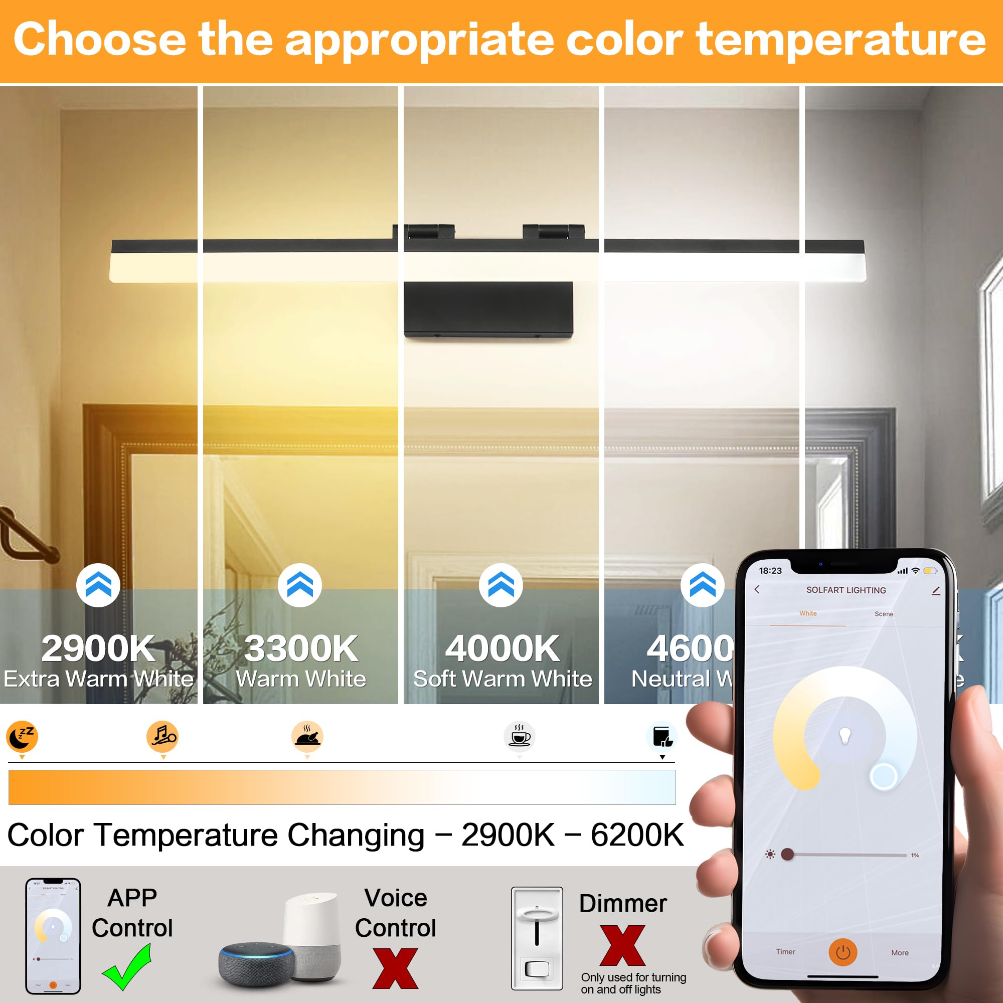 Solfart Adjustable Led Bathroom Vanity Light 31.5 Black Aluminum Over Mirror, App Control, Brightness & Color Adjustable