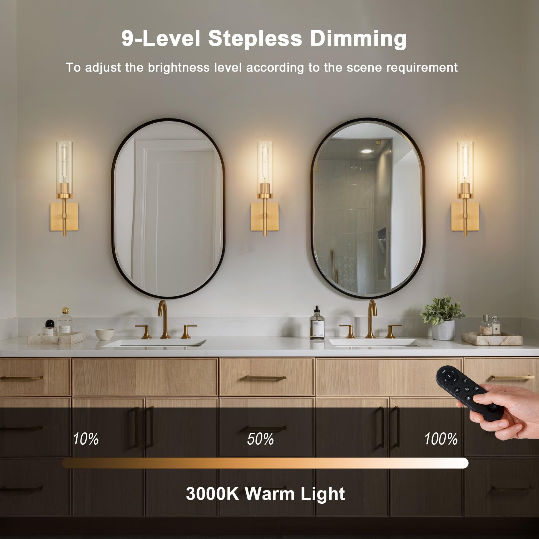 SANTOSTOCK Gold Battery Operated Wall Sconce Set of 2, Wireless LED Dimmable Lights, Rechargeable, Clear Glass, Model SSW018G1-2C