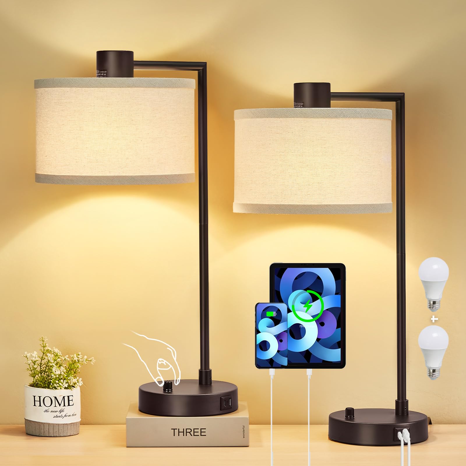 Luvkczc Table Lamp for Bedroom Set of 2 with USB C+A Ports - Fully Stepless Dimmable Bedside Lamp with Linen Lampshade - Contemp