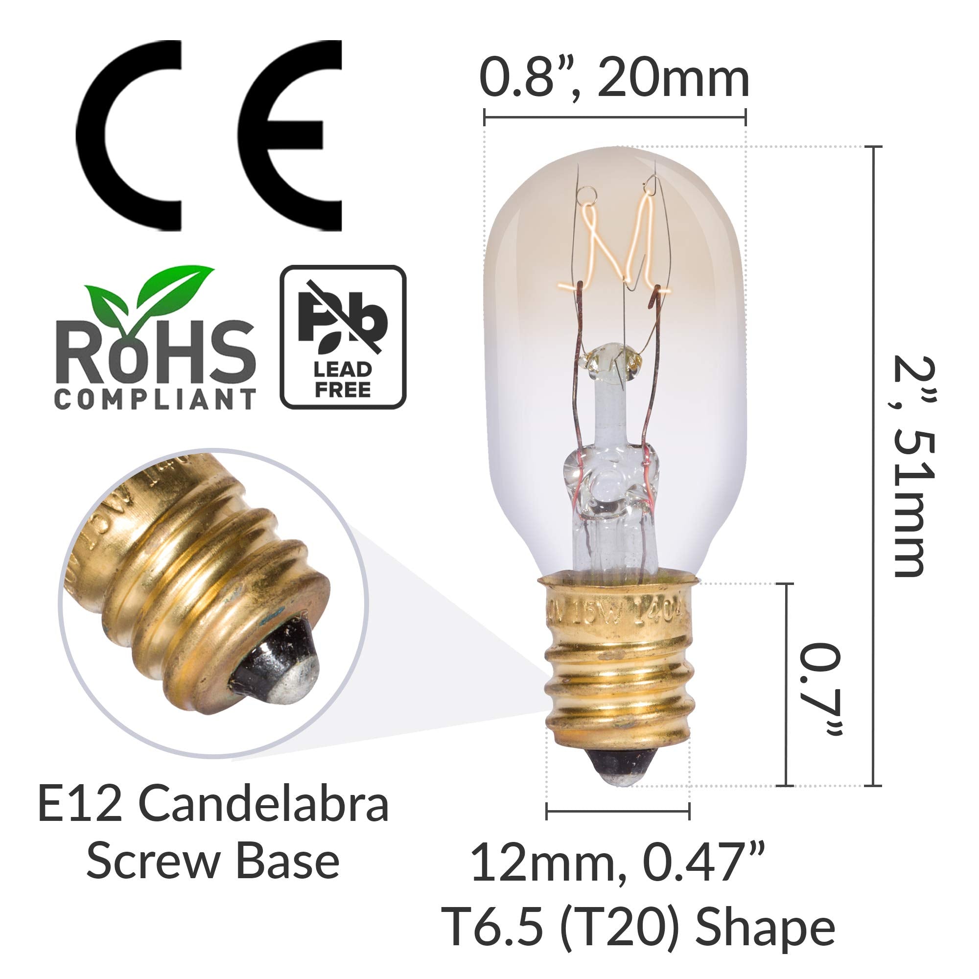 Simba Lighting T6.5 25W Replacement Bulb, 6 Pack, Dimmable, 2700K Warm White, E12 Candelabra Base, Ideal for Salt Lamps and
