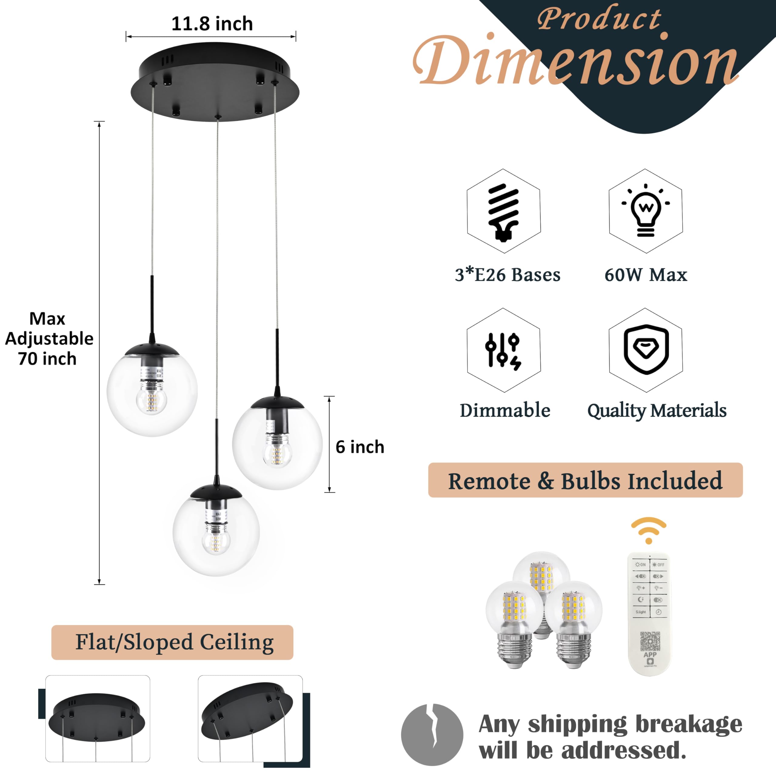Koko&Yukina 3-Light Globe Glass Pendant Light Modern Black Clear Globe Glass Chandelier Adjustable Length Pendant Lights Fixture