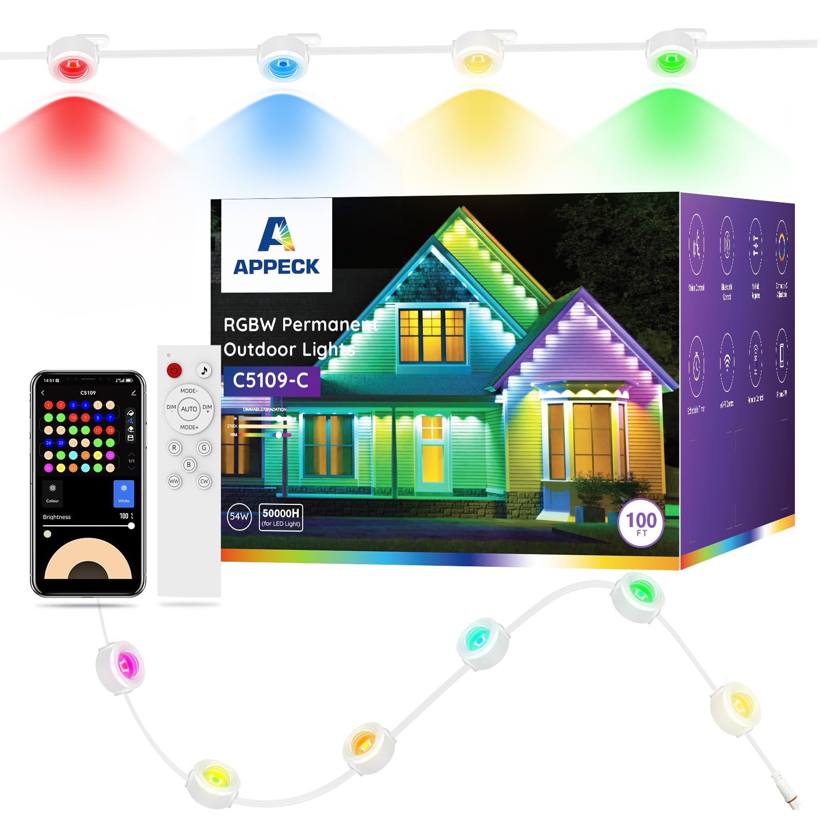 APPECK Permanent Outdoor Lights, 100ft, 72 LEDs, Smart RGBW, White, Model C5109-C
