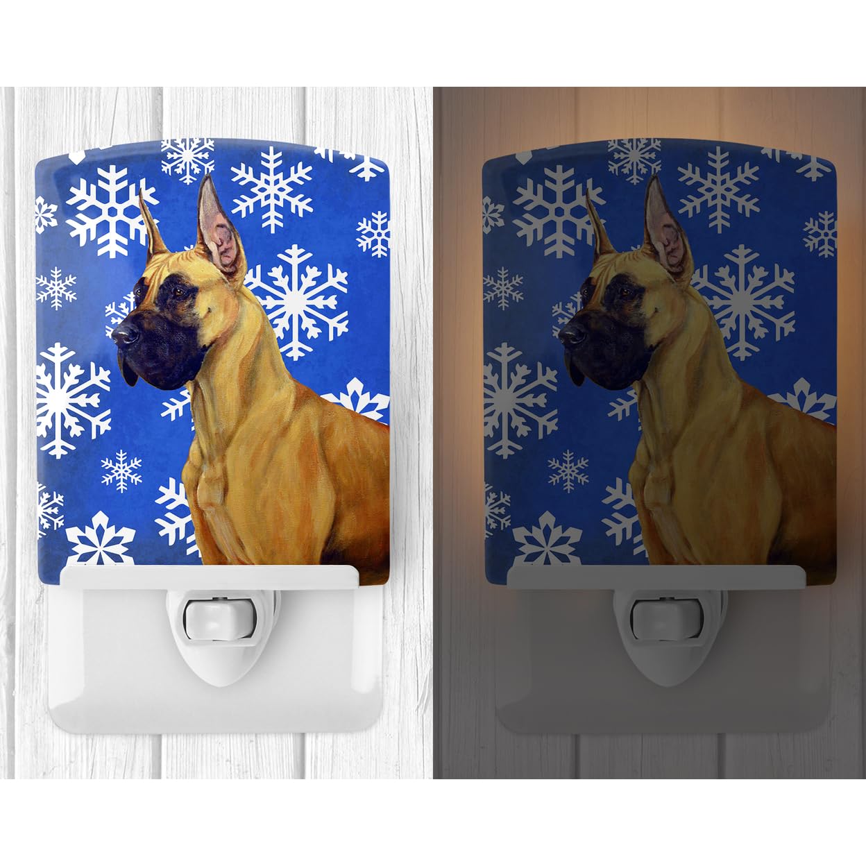 Caroline'S Treasures Lh9265Cnl Great Dane Winter Snowflakes Holiday Ceramic Night Light Compact, Ul-Certified, Ideal For Bedroom, Bathroom, Nursery, Hallway, Kitchen, 6X4X3, Multicolor