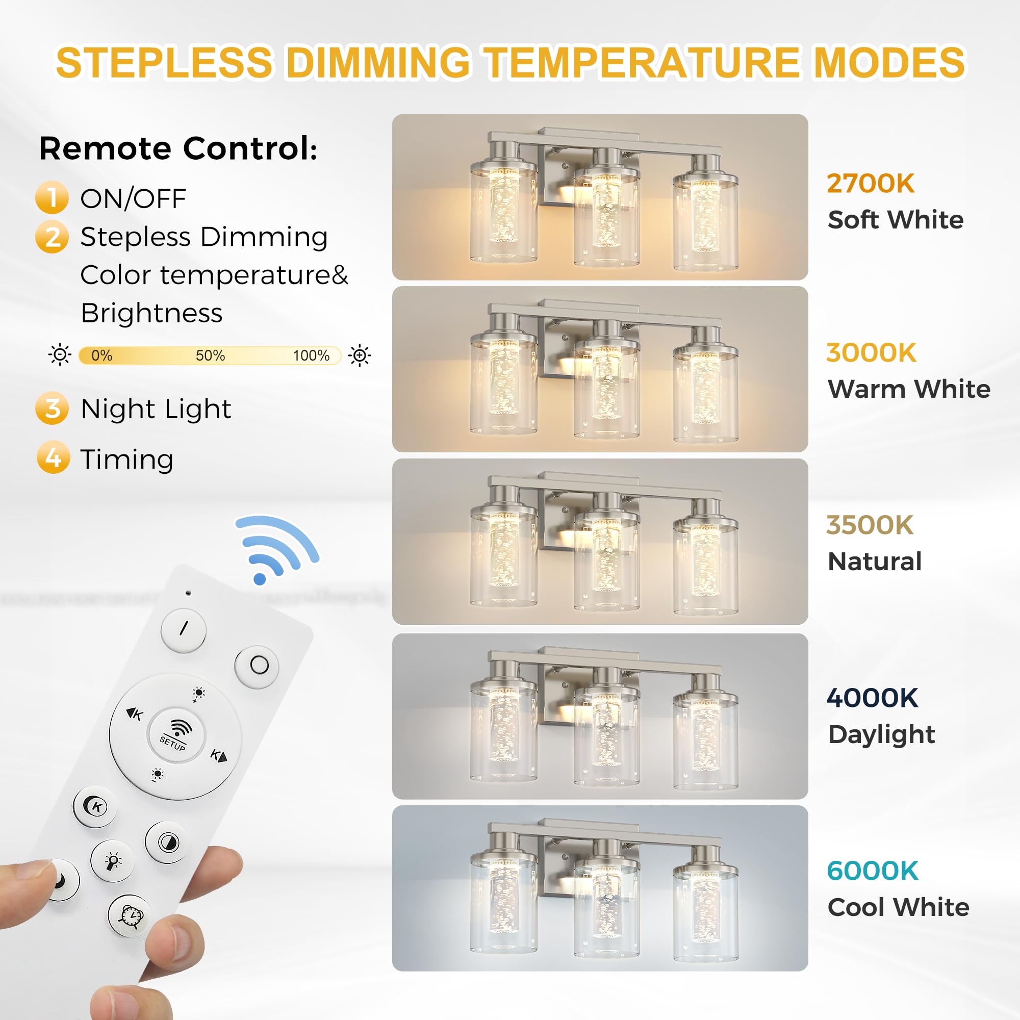 L LOHAS LED 3-Light Bathroom Light Fixtures, Dimmable Crystal Vanity Lights with Clear Glass Shade, Nickel Finish
