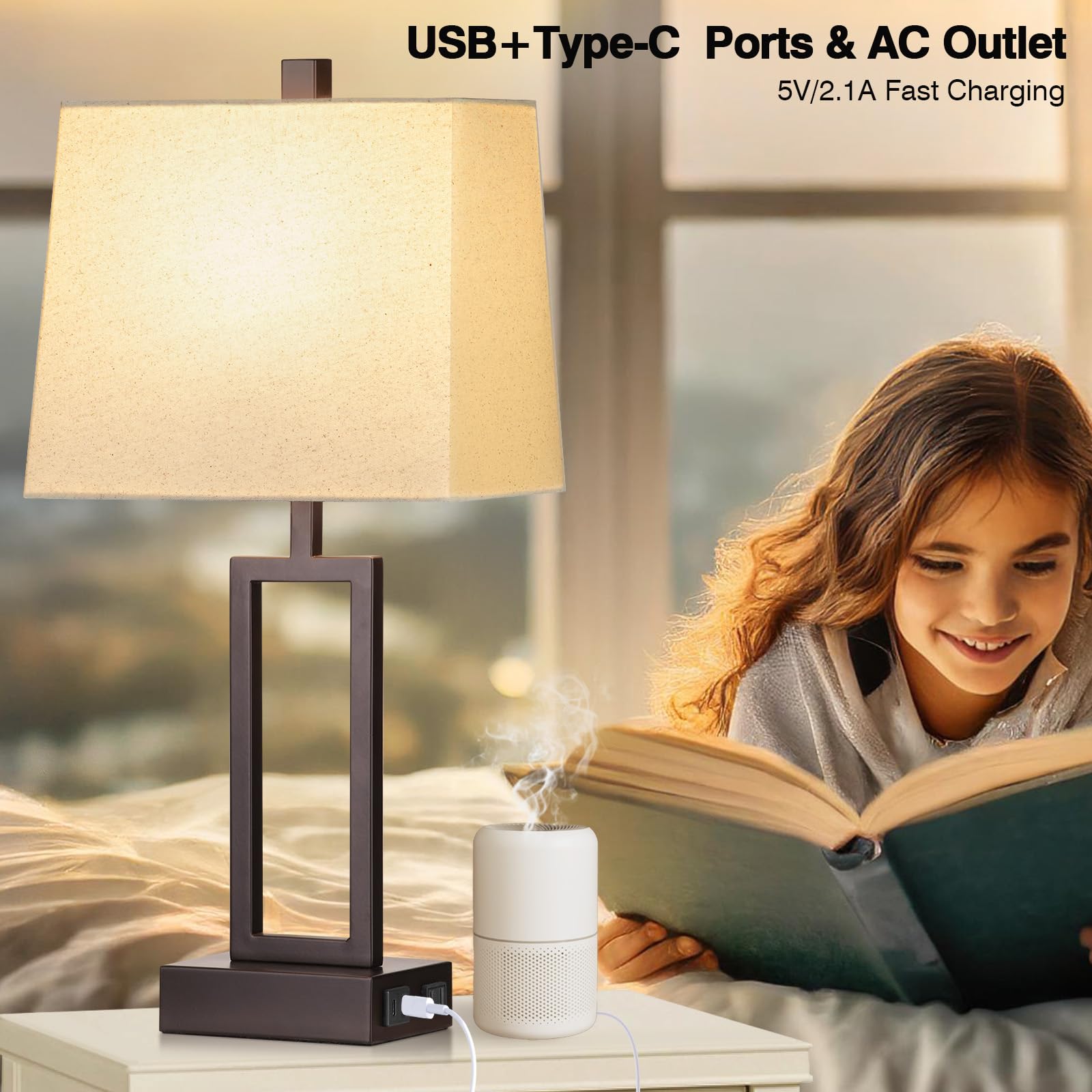 Lolikit 23.5'' Touch Control Table Lamps, Metal Bedside Lamp For Bedroom Set Of 2 With Usb A+C Ports & Ac Outlet, 3-Way Dimmable