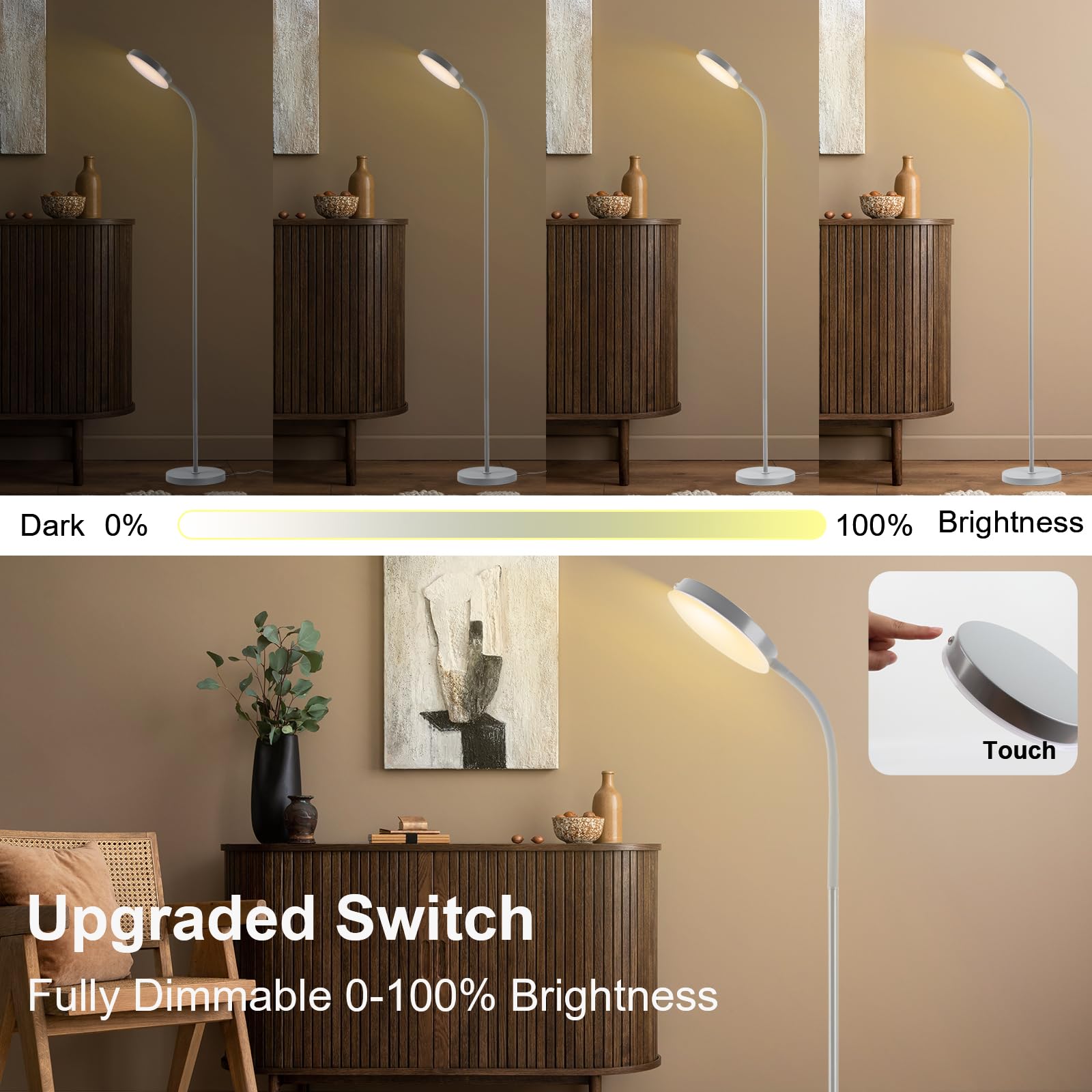 LALISU LED Floor Lamp with Stepless Brightness & Color Adjustment, Touch Control, Adjustable Gooseneck, Grey, Model LALISULEDFL08