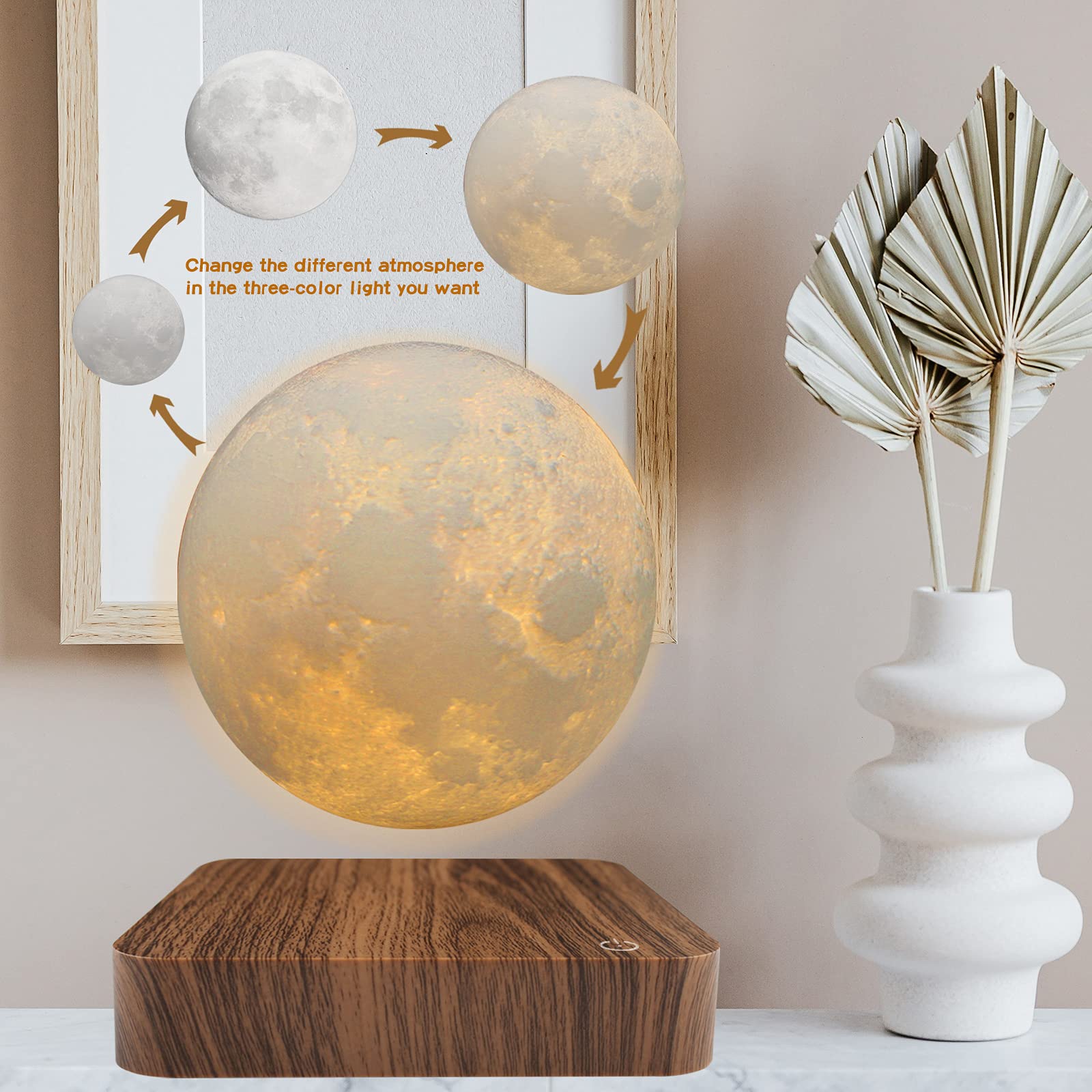 RUIXINDA Levitating Moon Lamp - Magnetic Floating Night Light, 3 Color Modes, Unique Home Decor, Model WB01-Q12, White