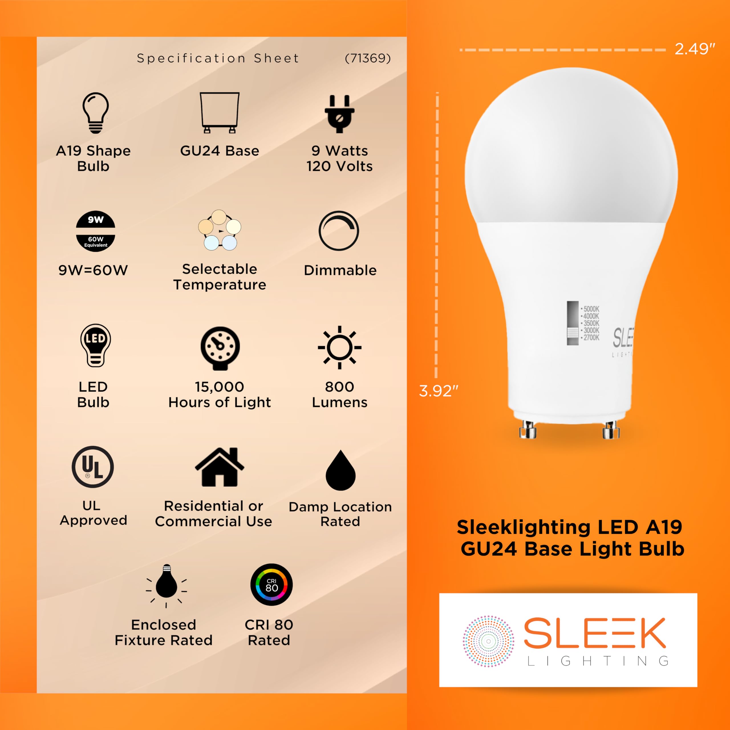 Sleeklighting | 9W, 60W Eq, Gu24 Base Led 2 Prong Light Bulbs, Ul Approved, 120V, Mini Twist Lock, 5Cct (2700K-5000K) Dimmable -