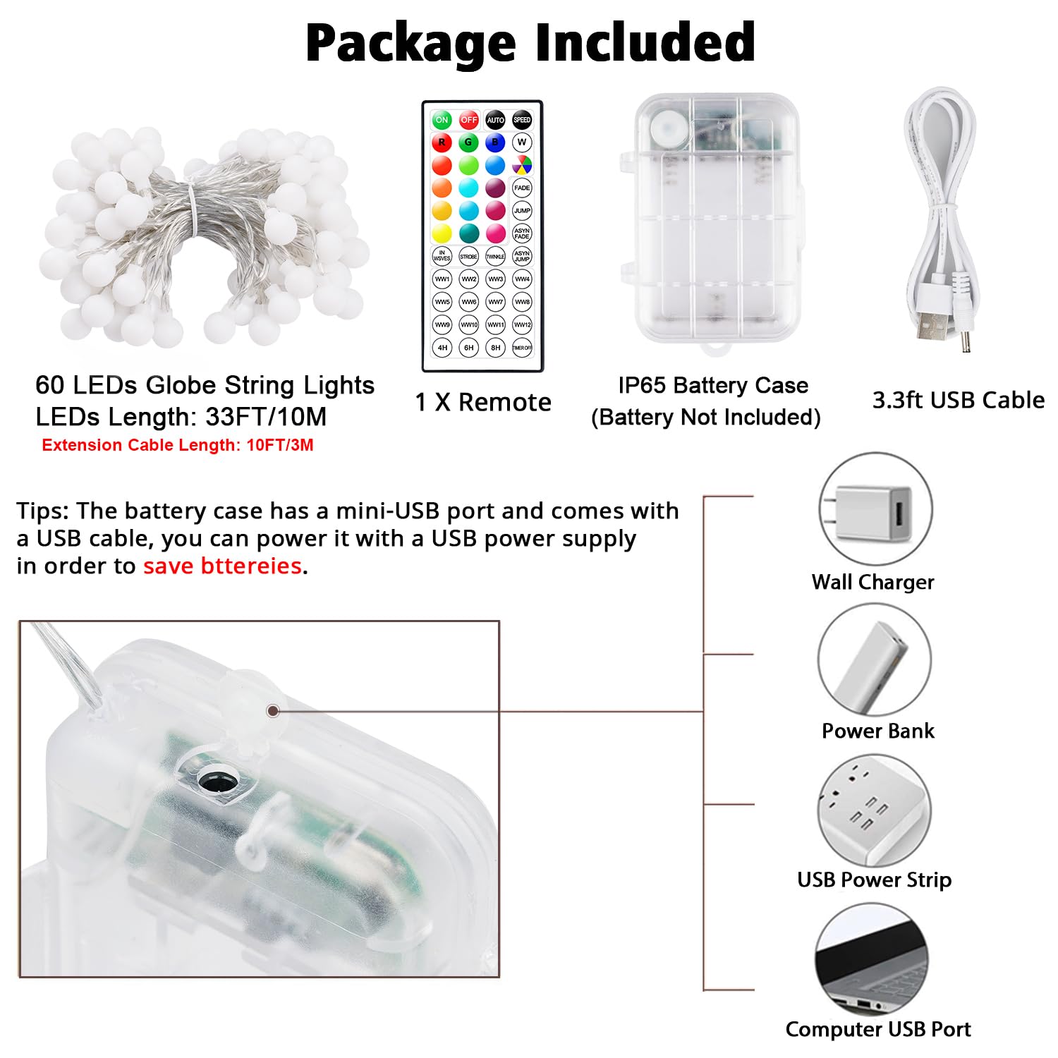 OMIKA Globe String Lights, 60 LED, 33 FT, Battery & USB Powered, 18 Colors + Warm White, Plastic, Model BG-QCTB-BO-14