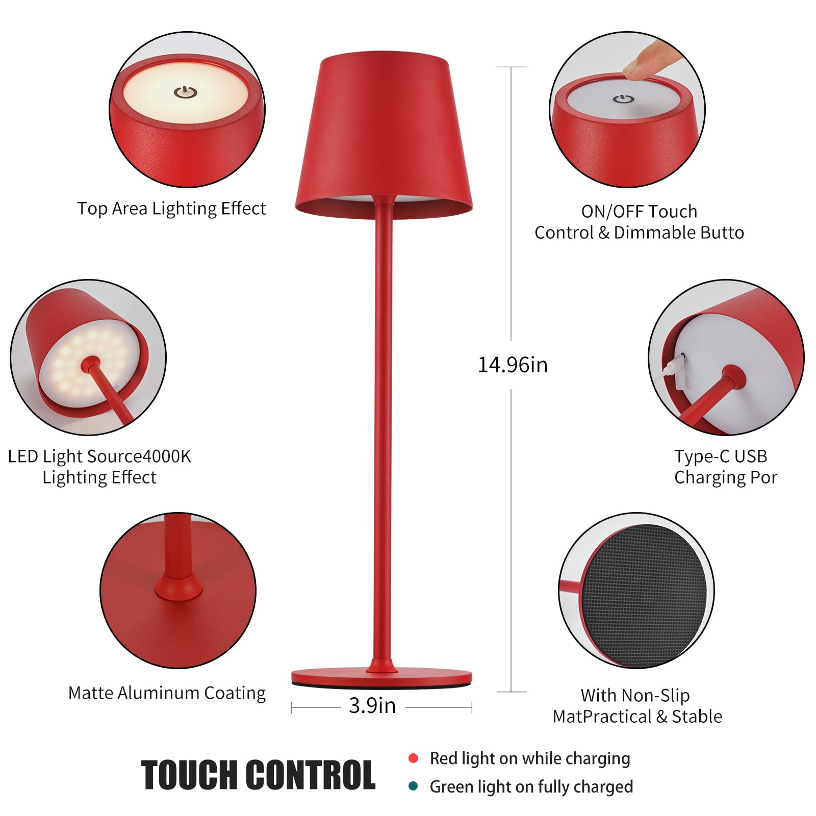 BGFHome Cordless LED Desk Lamp, Rechargeable Touch Night Light, Metal, 4.3x4.3x14.6 inches, Red, Model: red2pack, 2