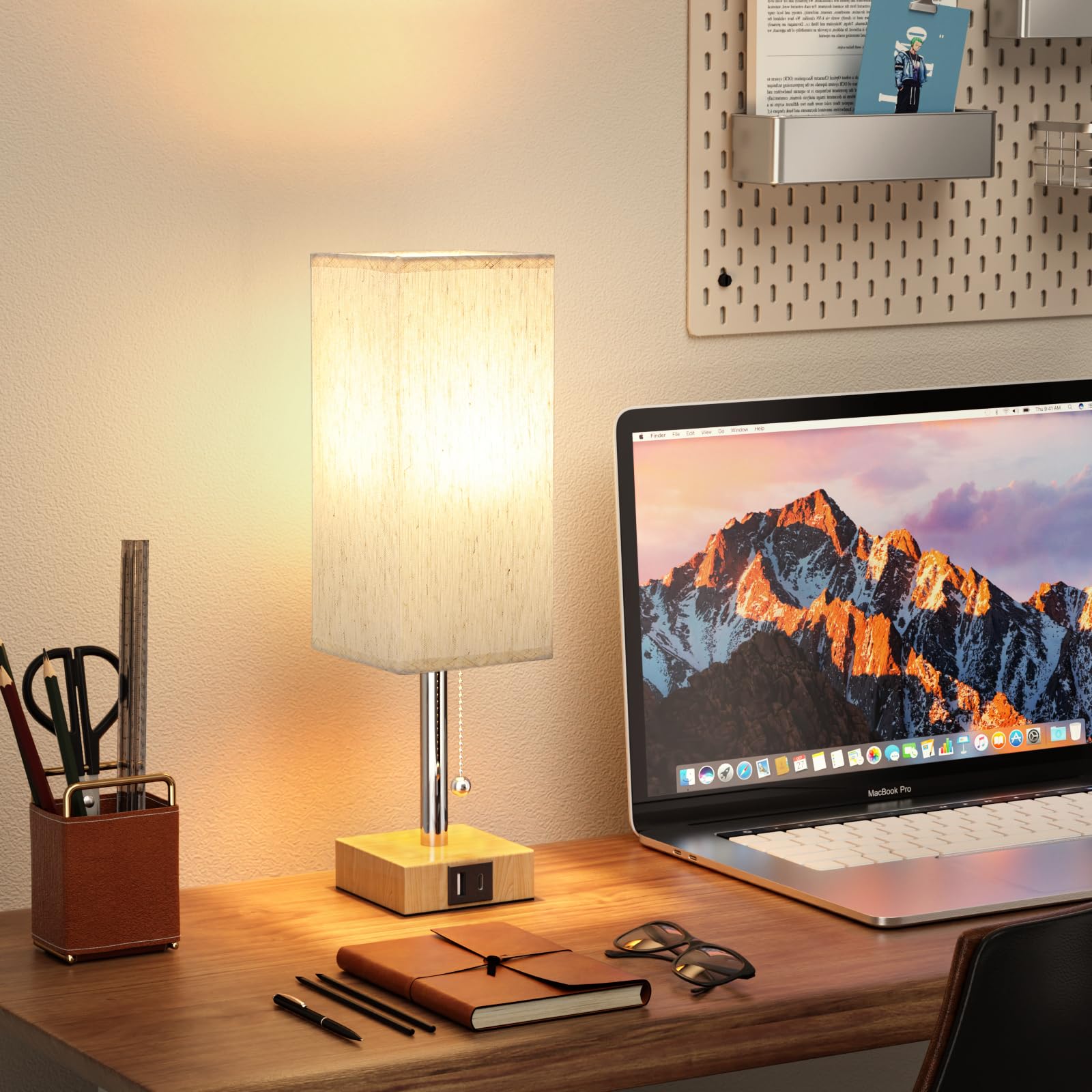 Wood Grain Bedside Table Lamps Set Of 2 - Bedroom Lamps With 3 Color Temperatures (3000K/5000K/4000K), Two Square Nightstand Lam