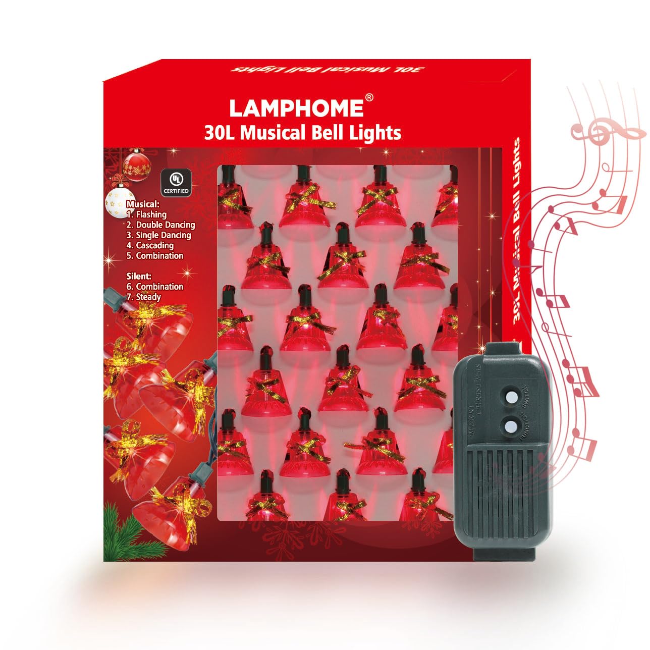 LAMPHOME Christmas Musical Bell String Lights, 30 Lights, 200LED, Red Incandescent Bulb, Green Wire, Model L8770