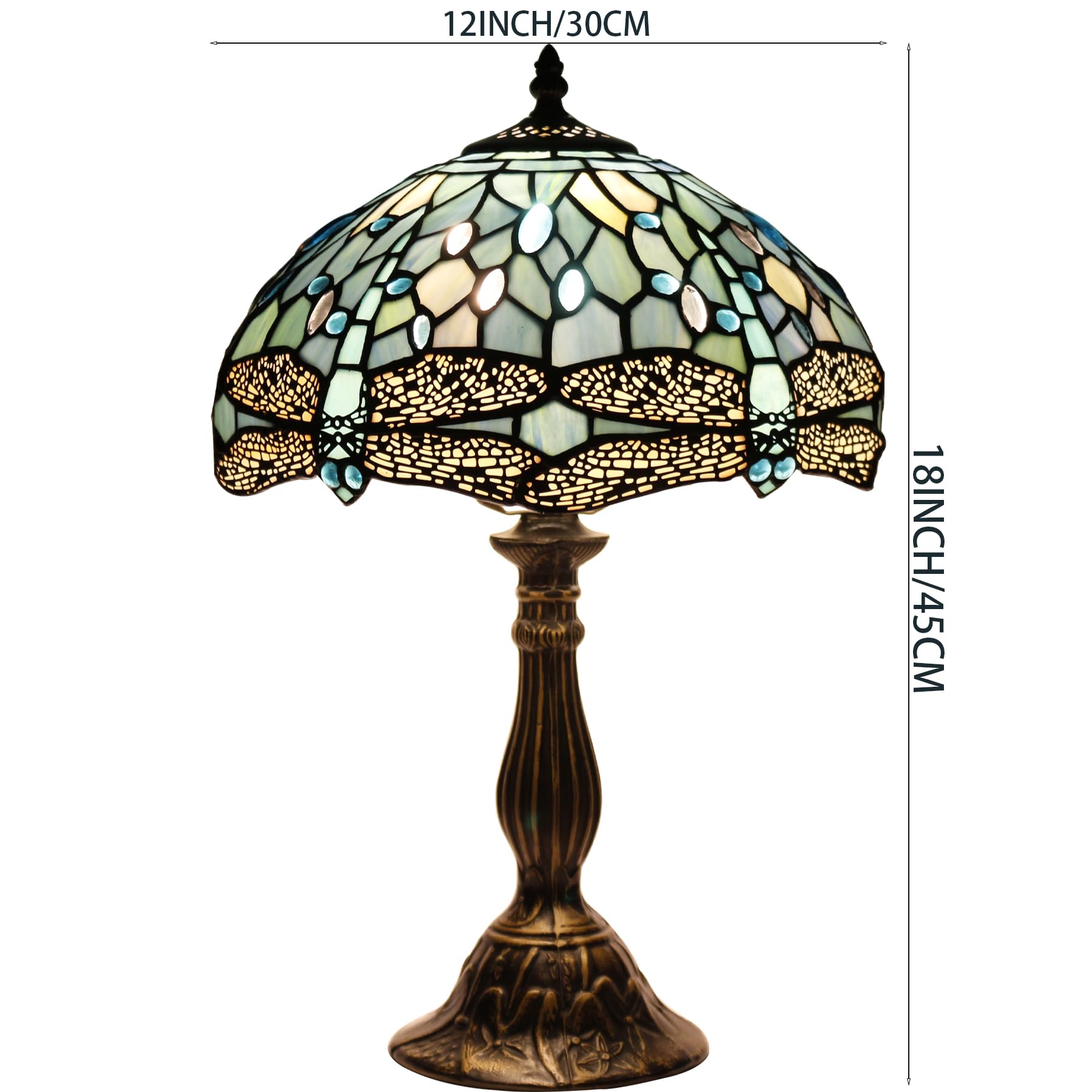 WERFACTORY Tiffany Lamp - Sea Blue Dragonfly Style, 12x12x18 Inches, Metal Table Desk Light, S147 Series