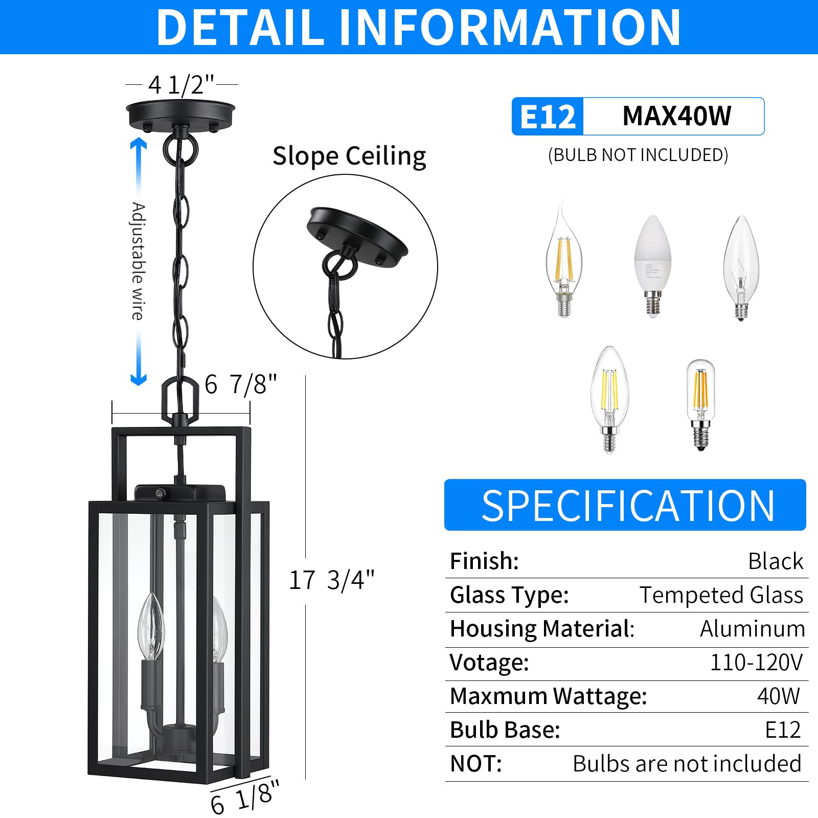 Large Outdoor Pendant Light 2-Light, 17.75'' Dusk To Dawn Modern Black Metal Outside Chandelier Exterior Hanging Fixture Ceiling Mount With Clear Glass For Front Porch Entrance Entryway, 1 Pack
