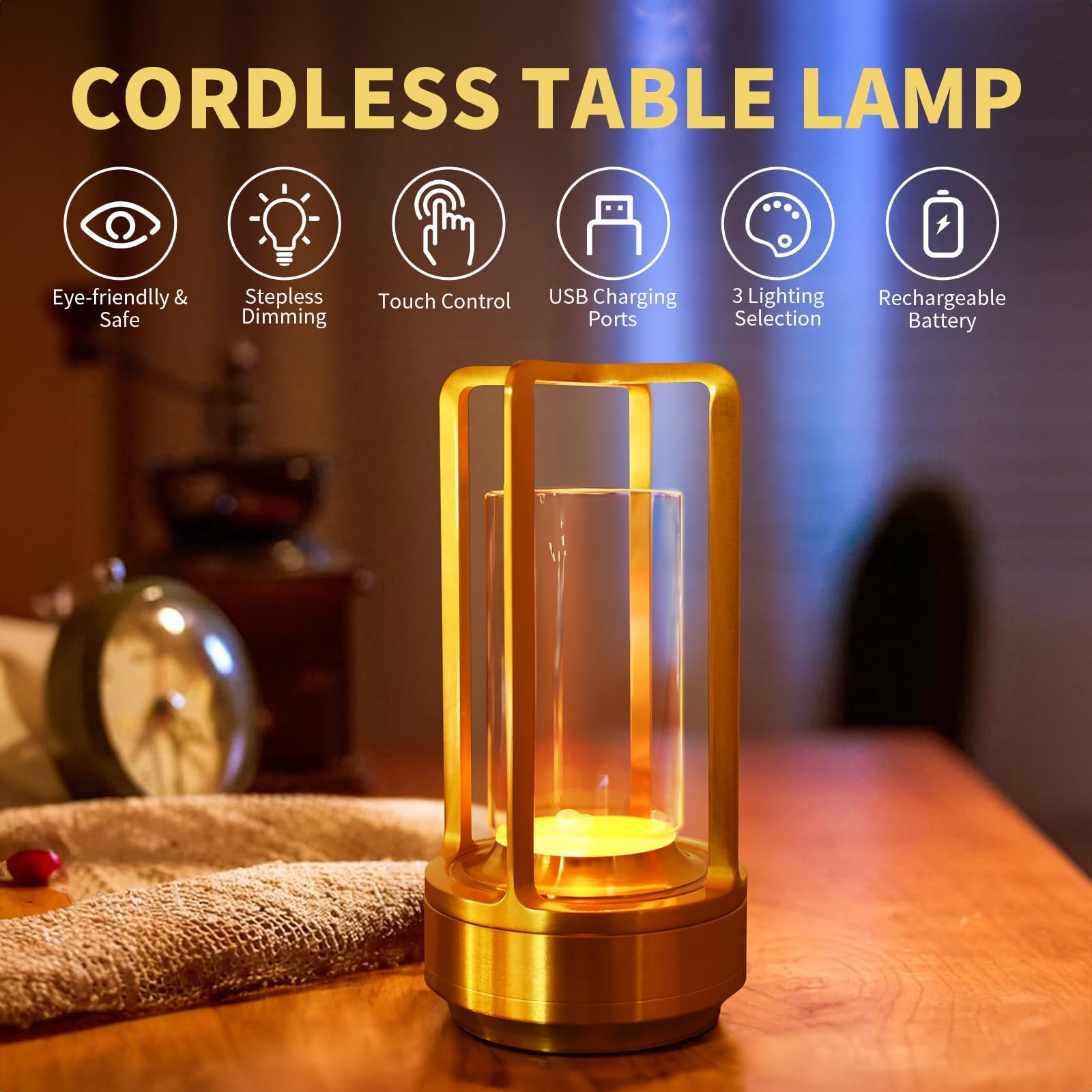 Cordless Table Lamp With Touch Sensor, Lumisom Crystal Table Lantern Lamp, Rechargeable Cordless Led Lamp, 3 Color 3200Ma Stepless Dimming Touch, Desk Lamp For Bedroom Restaurant Home Outdoor (Gold)