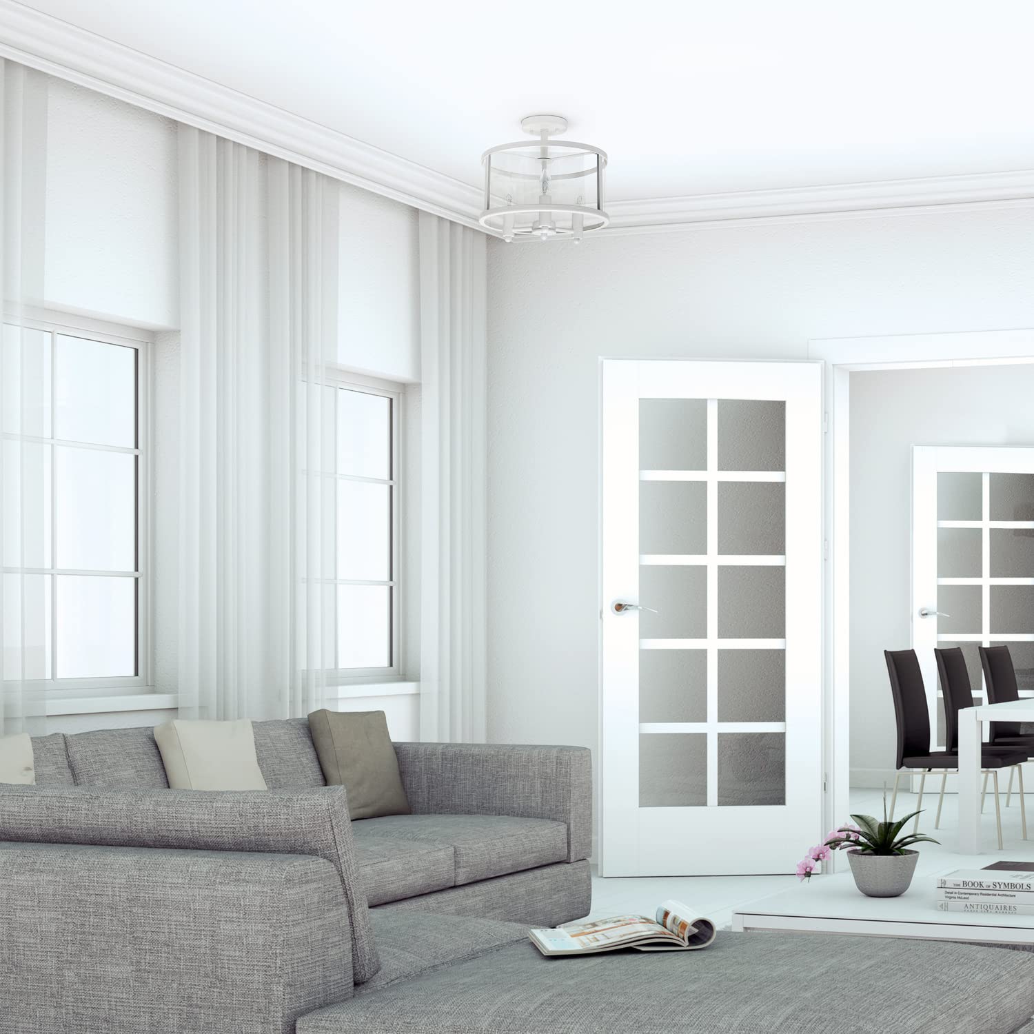 Elegant Designs FM1005-WHT 3-Light Semi-Flushmount Ceiling Light, 13in Iron & Glass, Matte White, Traditional Farmhouse Style