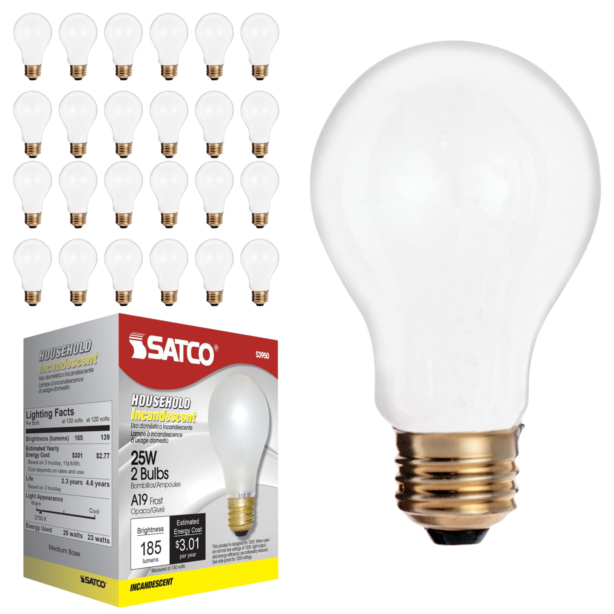 Satco A19 Incandescent Bulb, 25W, 130V, Frosted, 180 Lumens, Dimmable, 2700K Warm White, E26 Base, Model