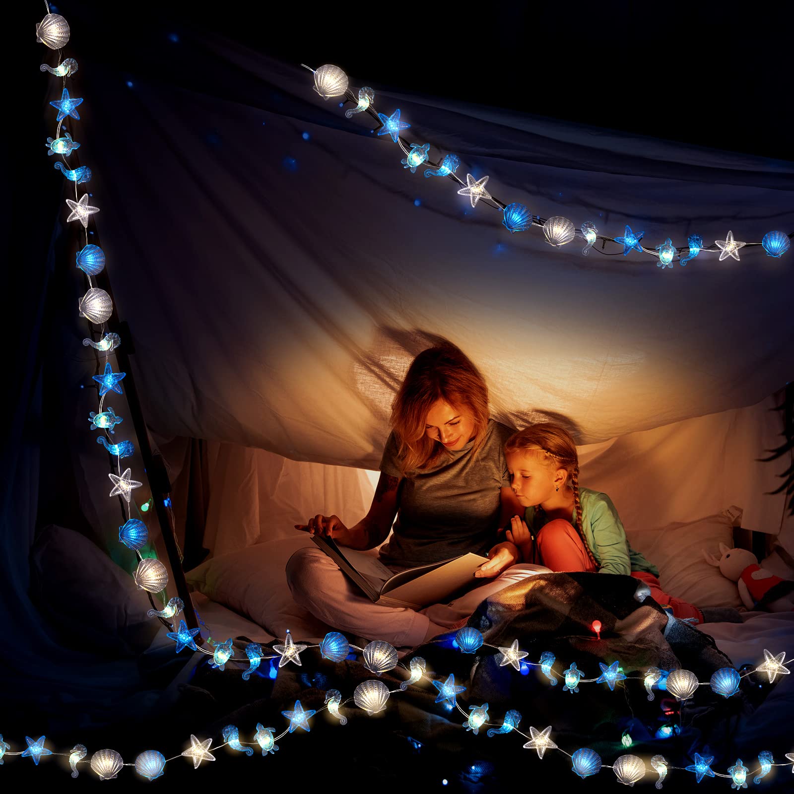 Zhanmai 2 Pcs Ocean Decor String Lights for Bedroom Nautical Theme Seashell Seahorse Conch 10ft 30 LED Battery Operated String L